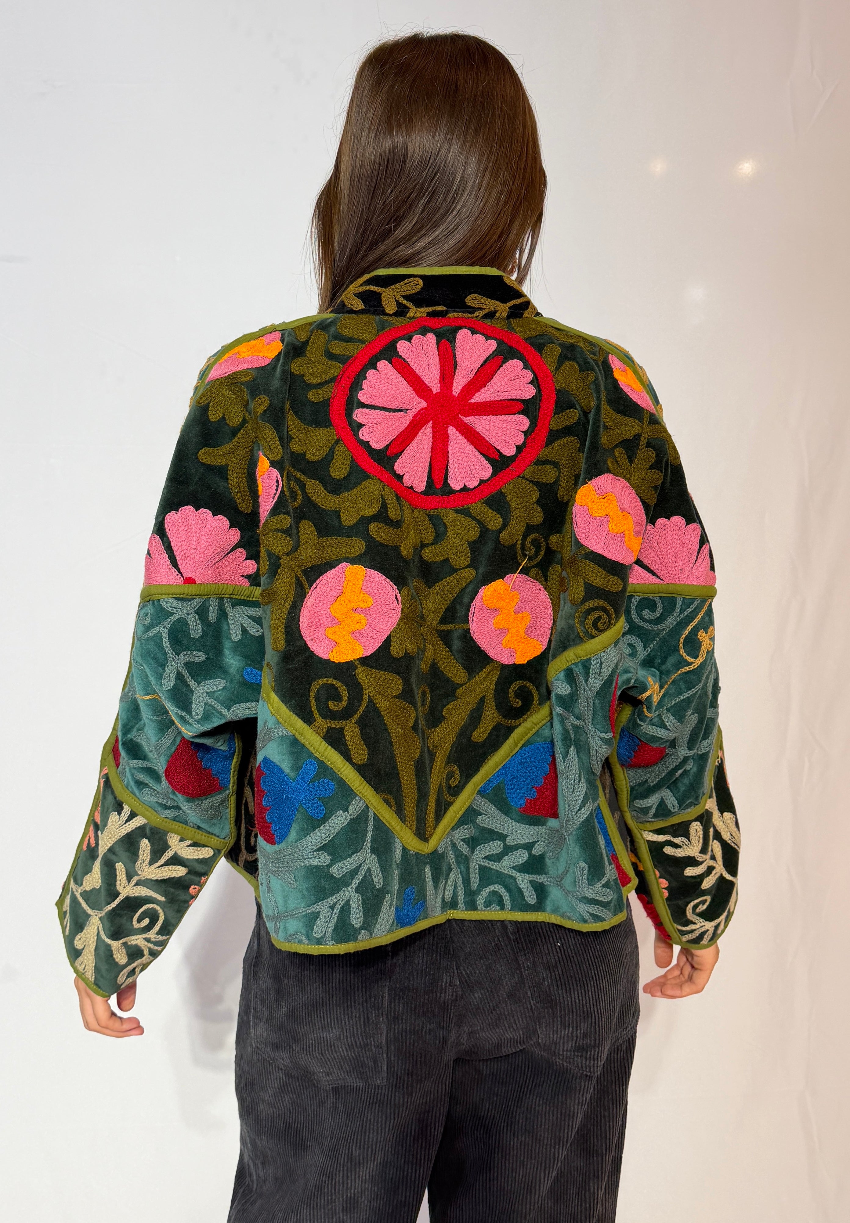 Suzani Hand-Embroidered Velvet Jacket – Vibrant Floral Meadow
