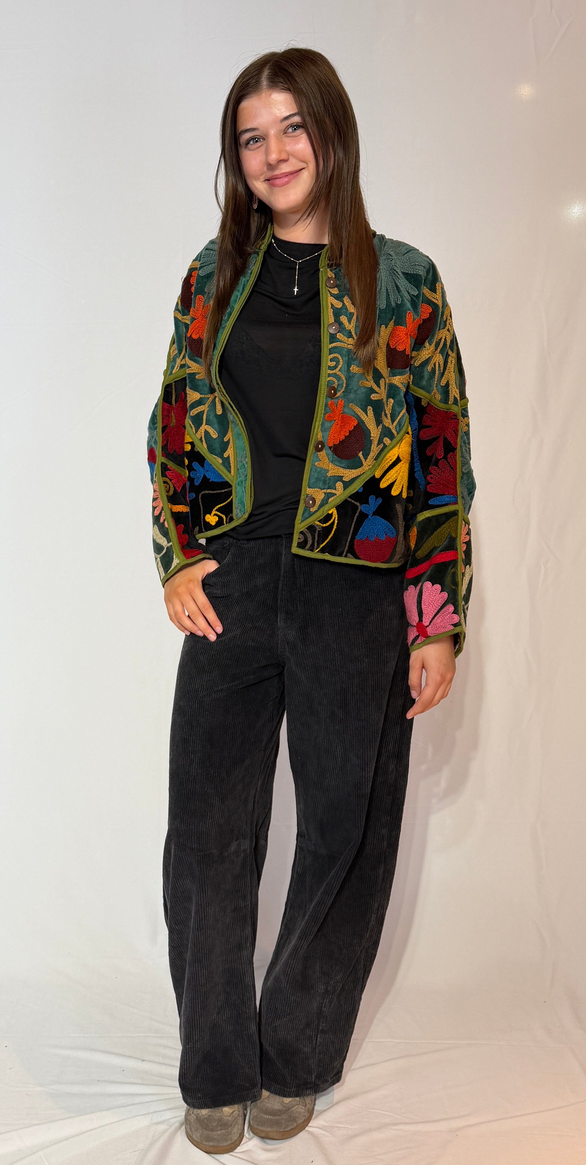 Suzani Hand-Embroidered Velvet Jacket – Vibrant Floral Meadow