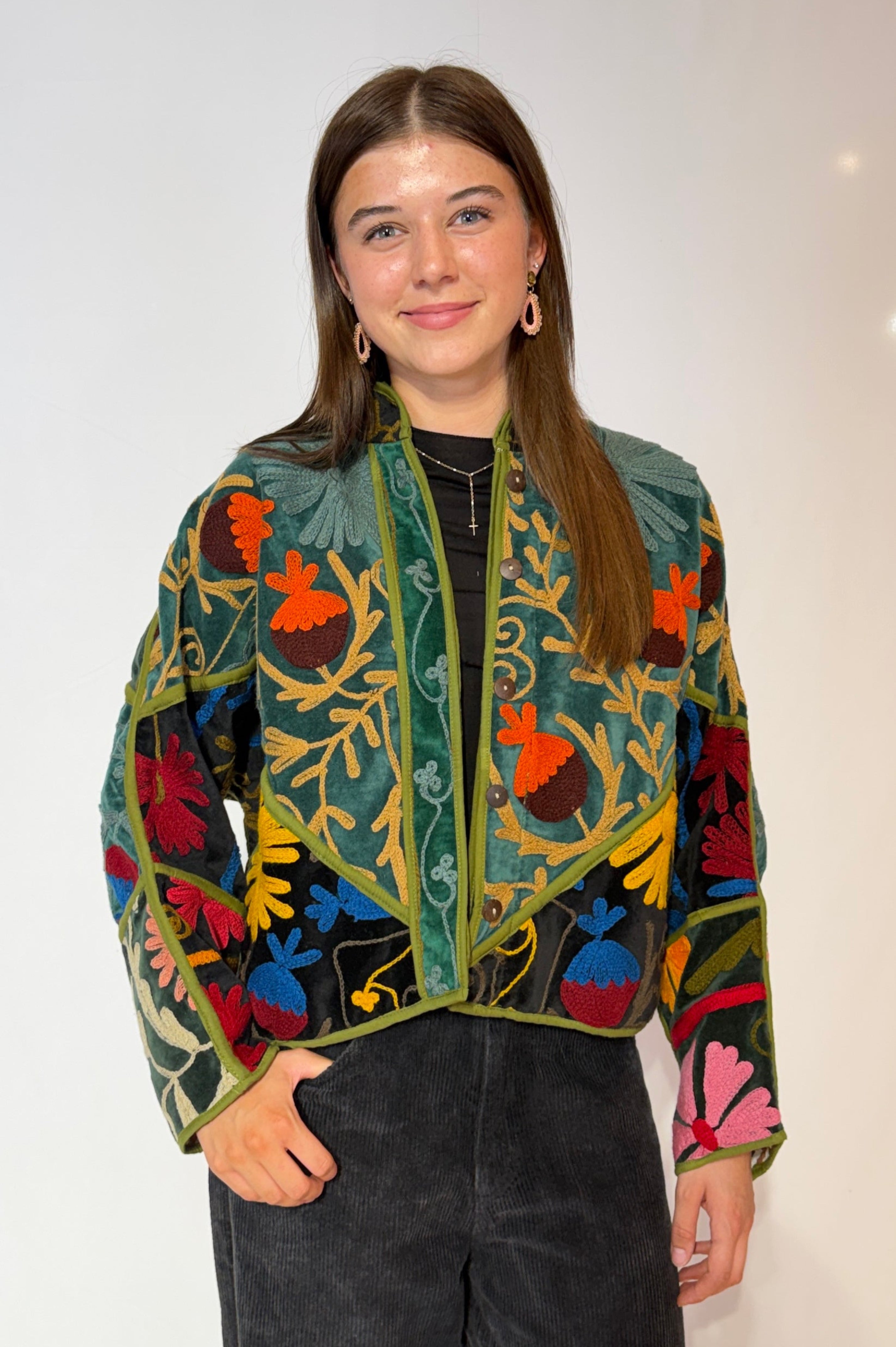 Suzani Hand-Embroidered Velvet Jacket – Vibrant Floral Meadow