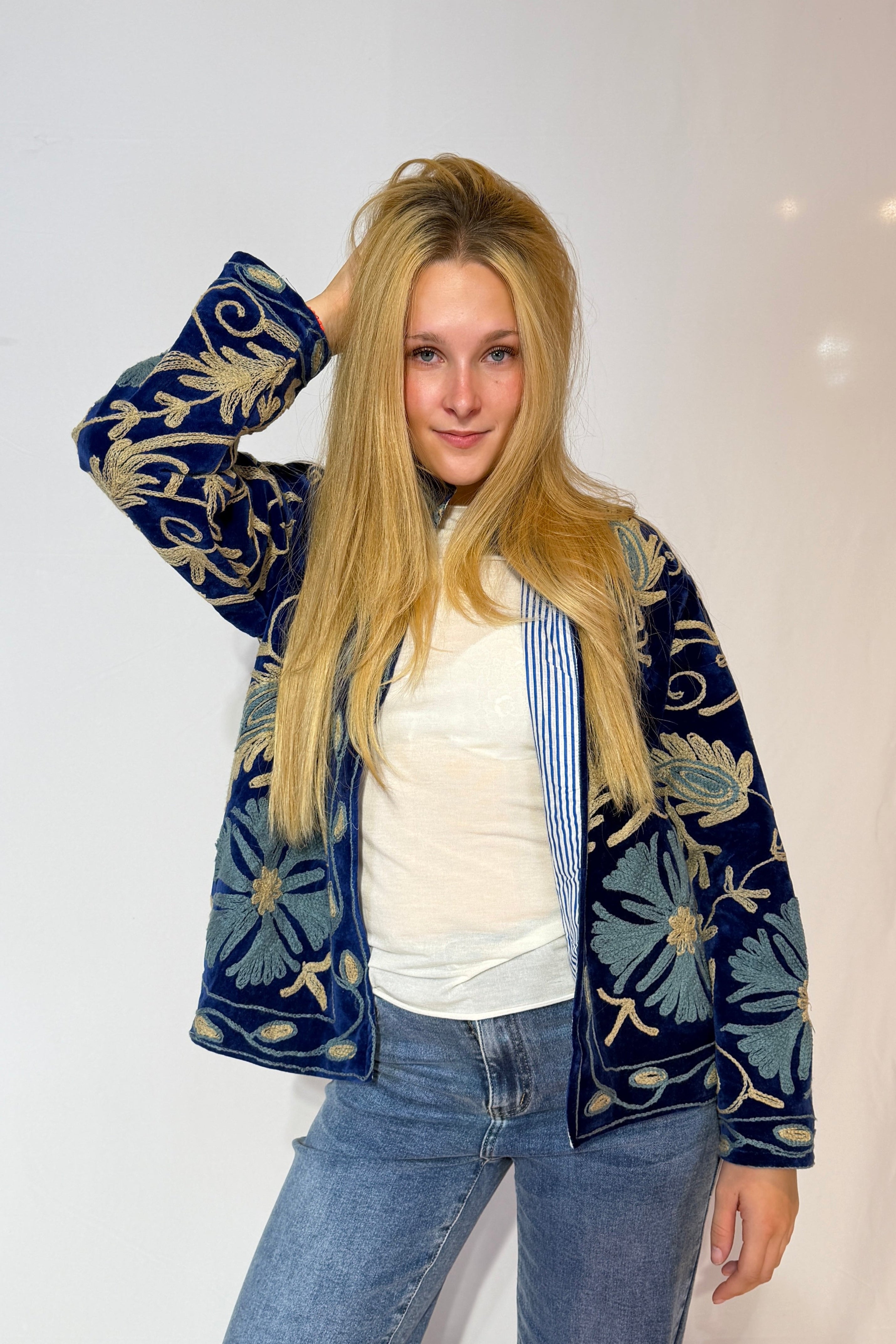 Suzani Hand-Embroidered Velvet Jacket – Navy Blue & Ivory Bloom