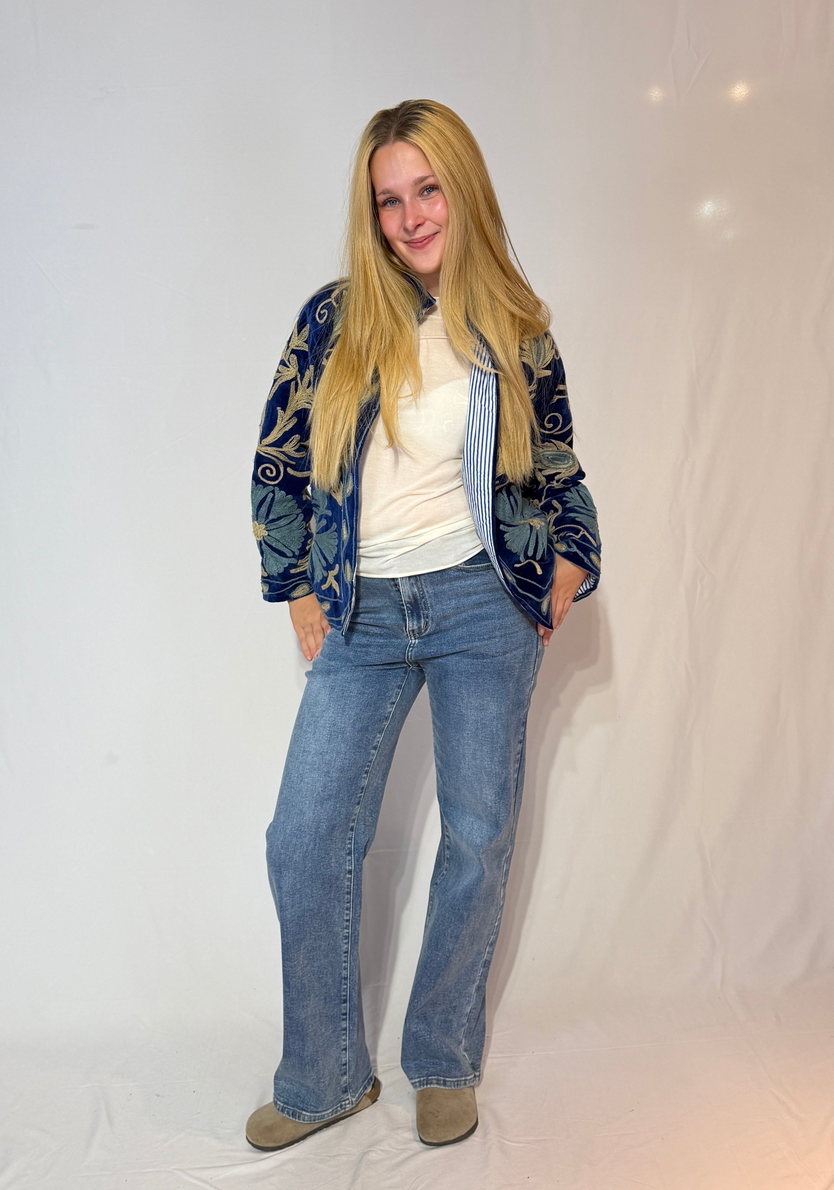 Suzani Hand-Embroidered Velvet Jacket – Navy Blue & Ivory Bloom