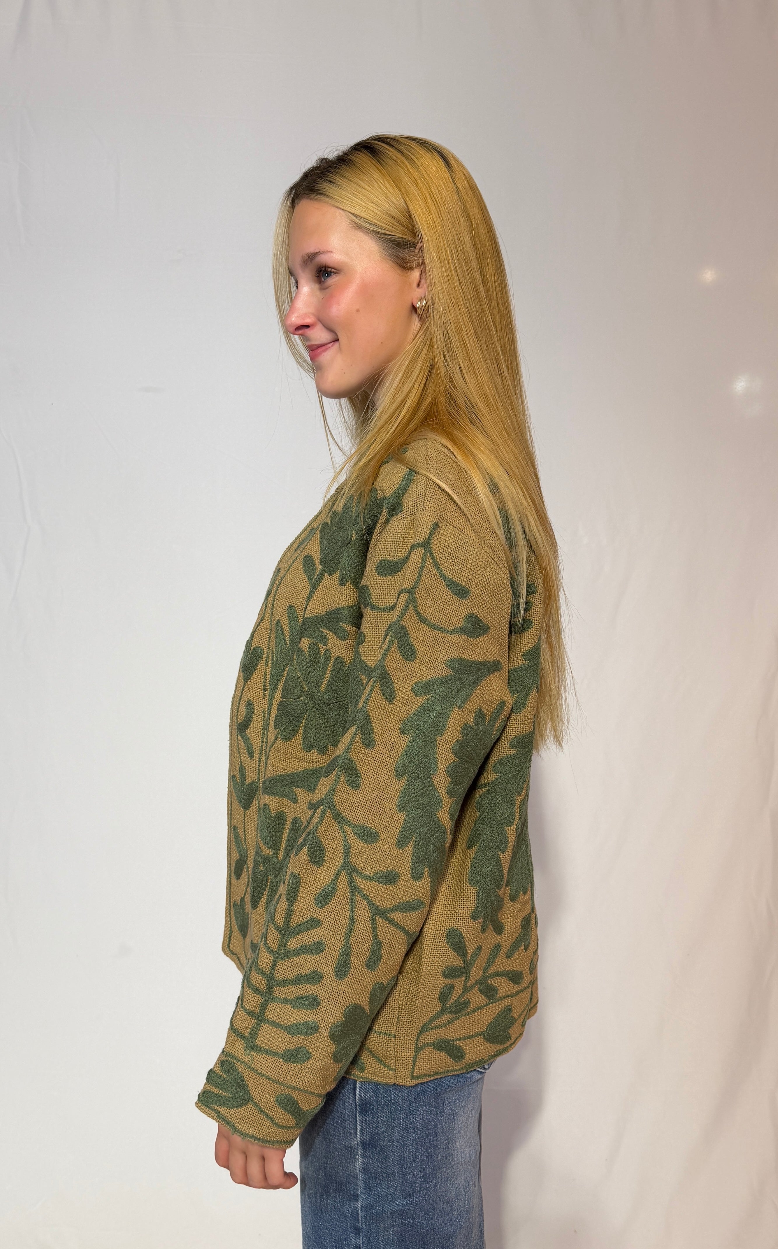 Suzani-Baumwolljacke, handbestickt – Goldene Olive