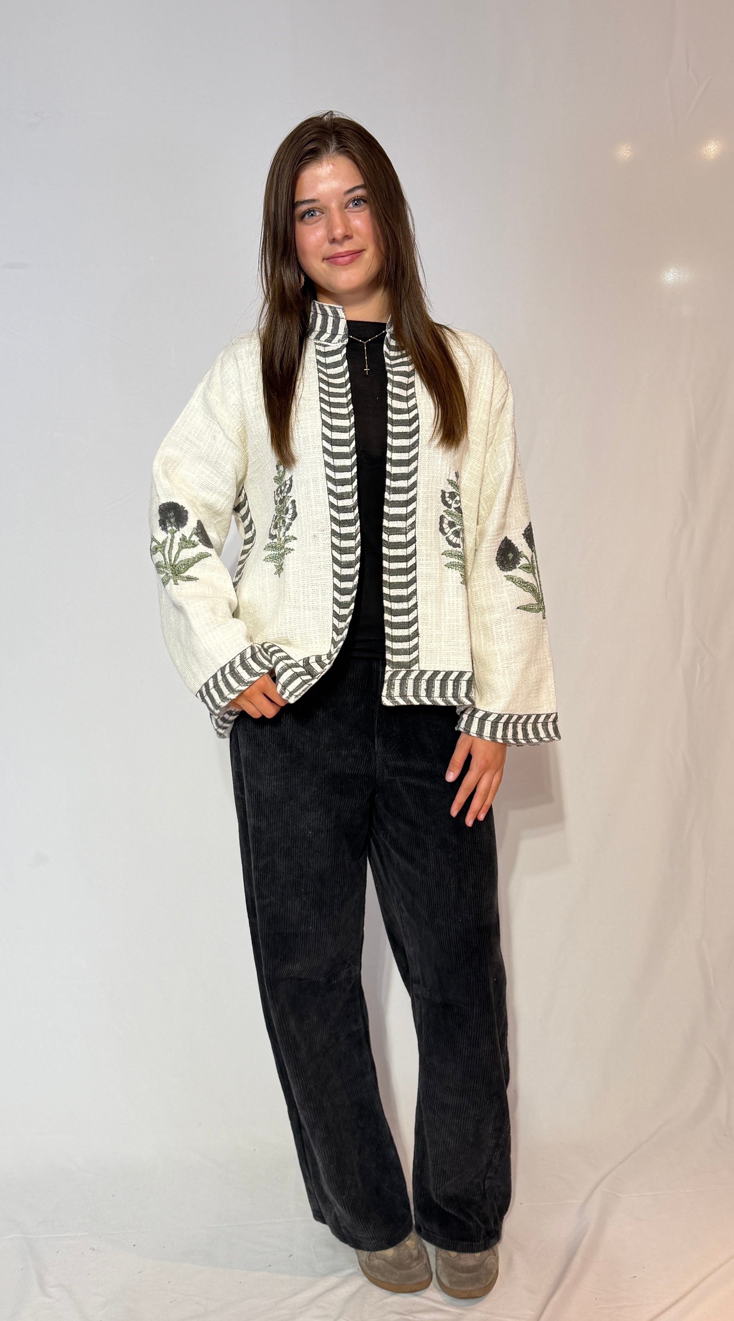 Hand-Embroidered Suzani Cotton Jacket – Ivory Botanical & Charcoal Stripe
