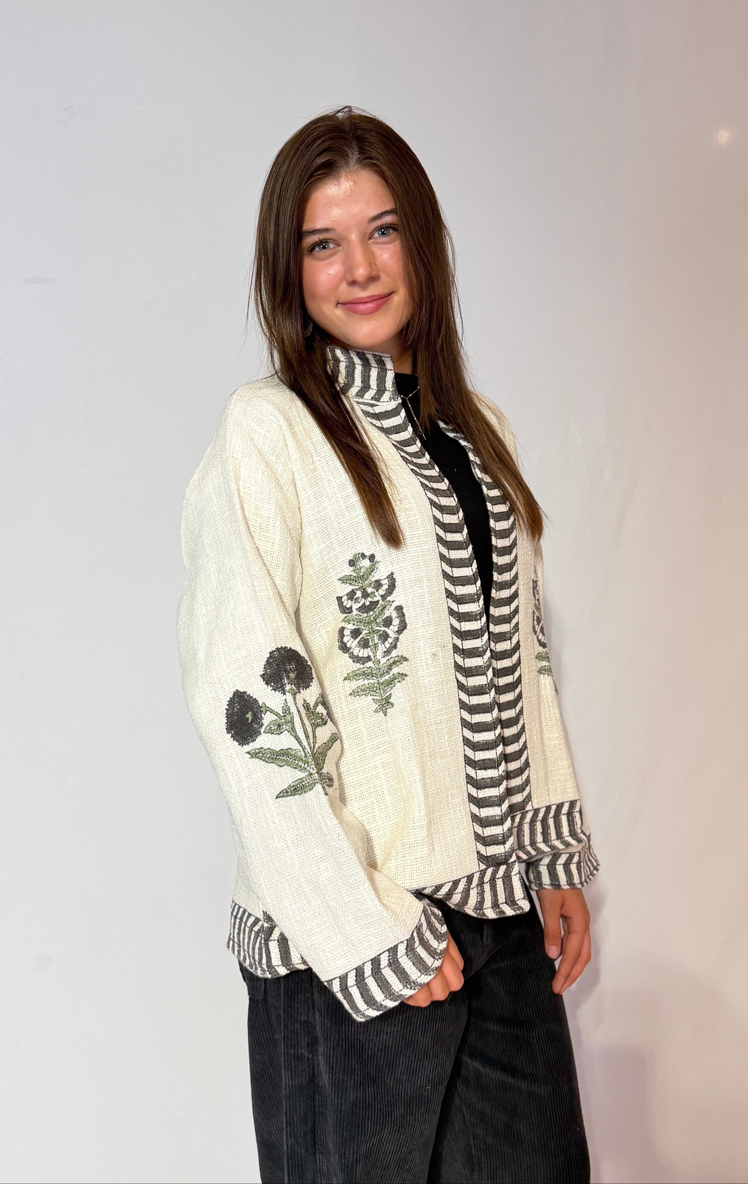 Hand-Embroidered Suzani Cotton Jacket – Ivory Botanical & Charcoal Stripe