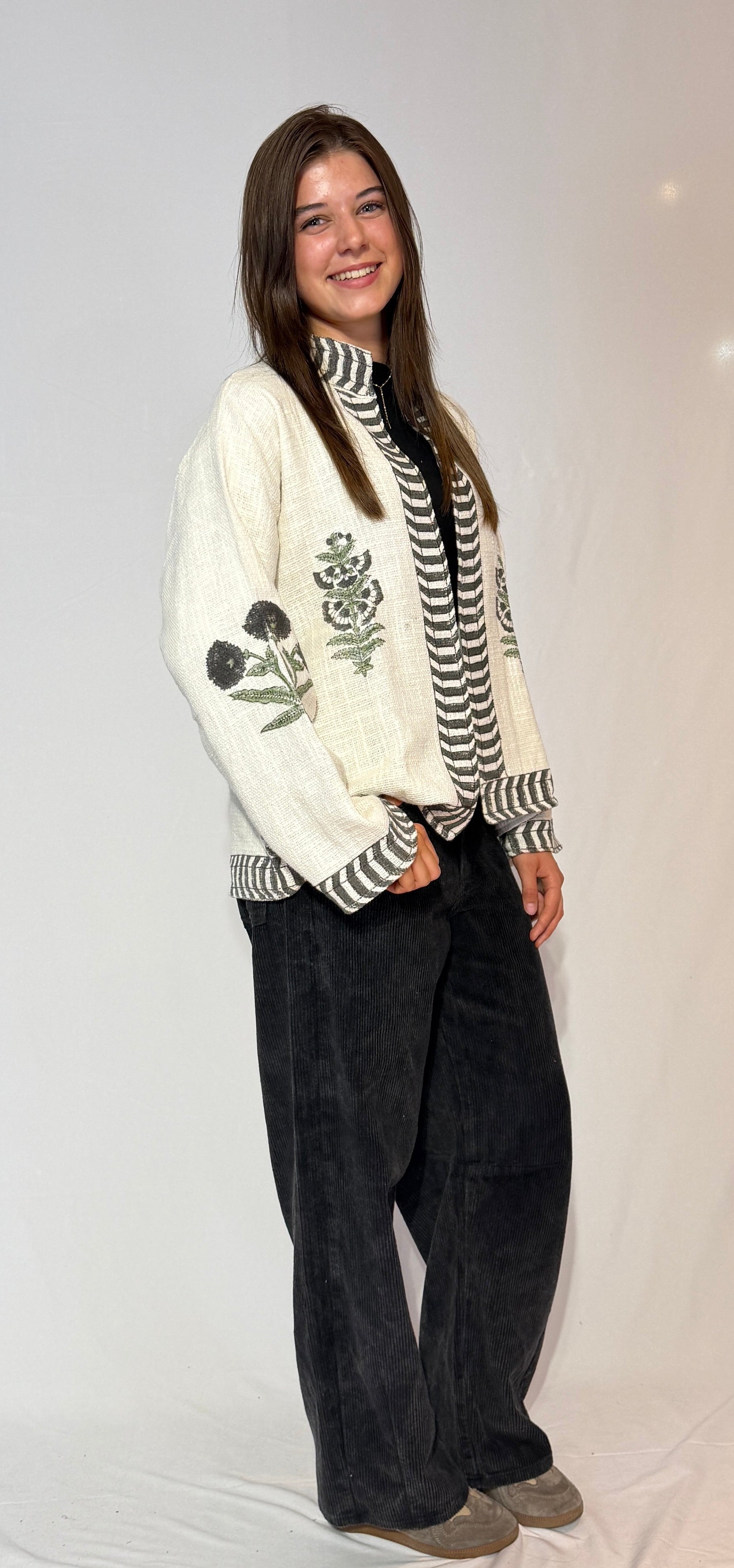 Hand-Embroidered Suzani Cotton Jacket – Ivory Botanical & Charcoal Stripe