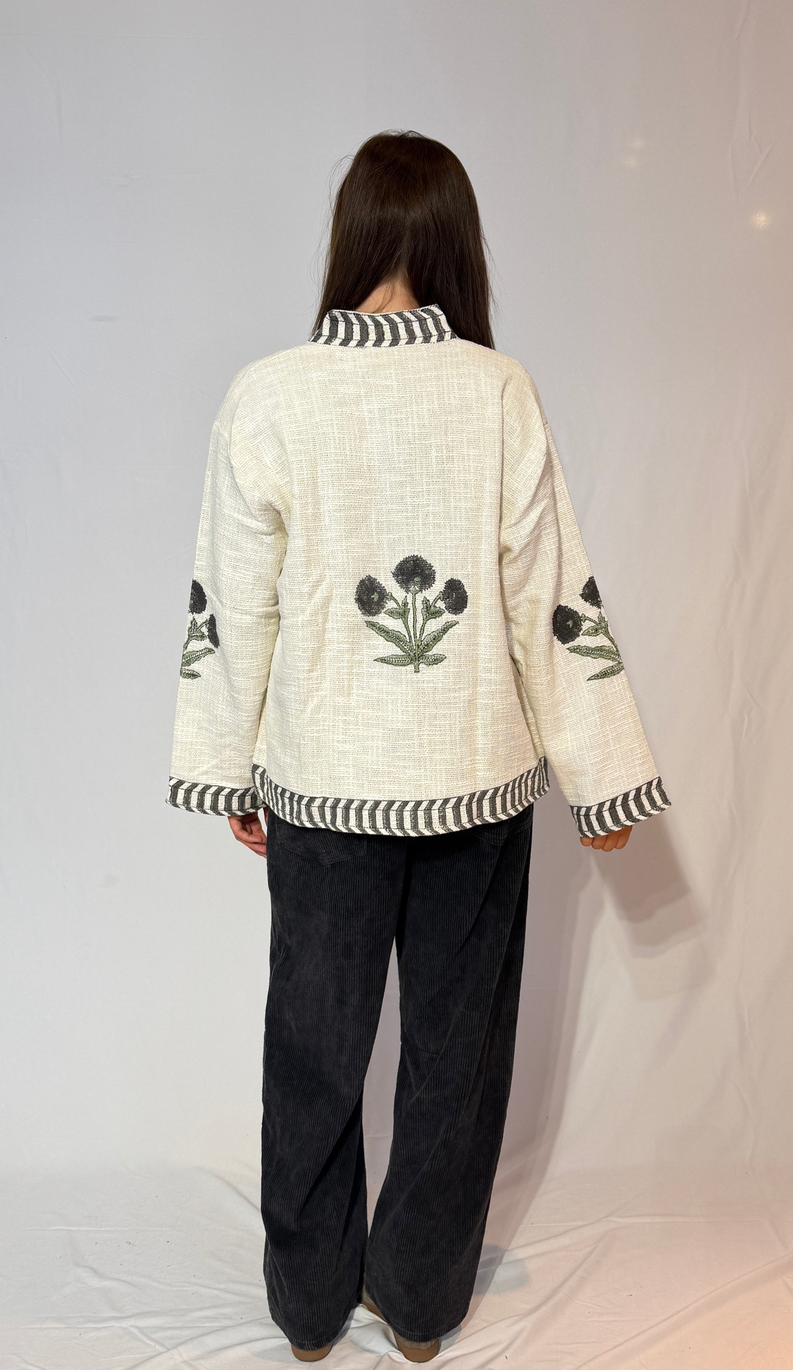 Hand-Embroidered Suzani Cotton Jacket – Ivory Botanical & Charcoal Stripe