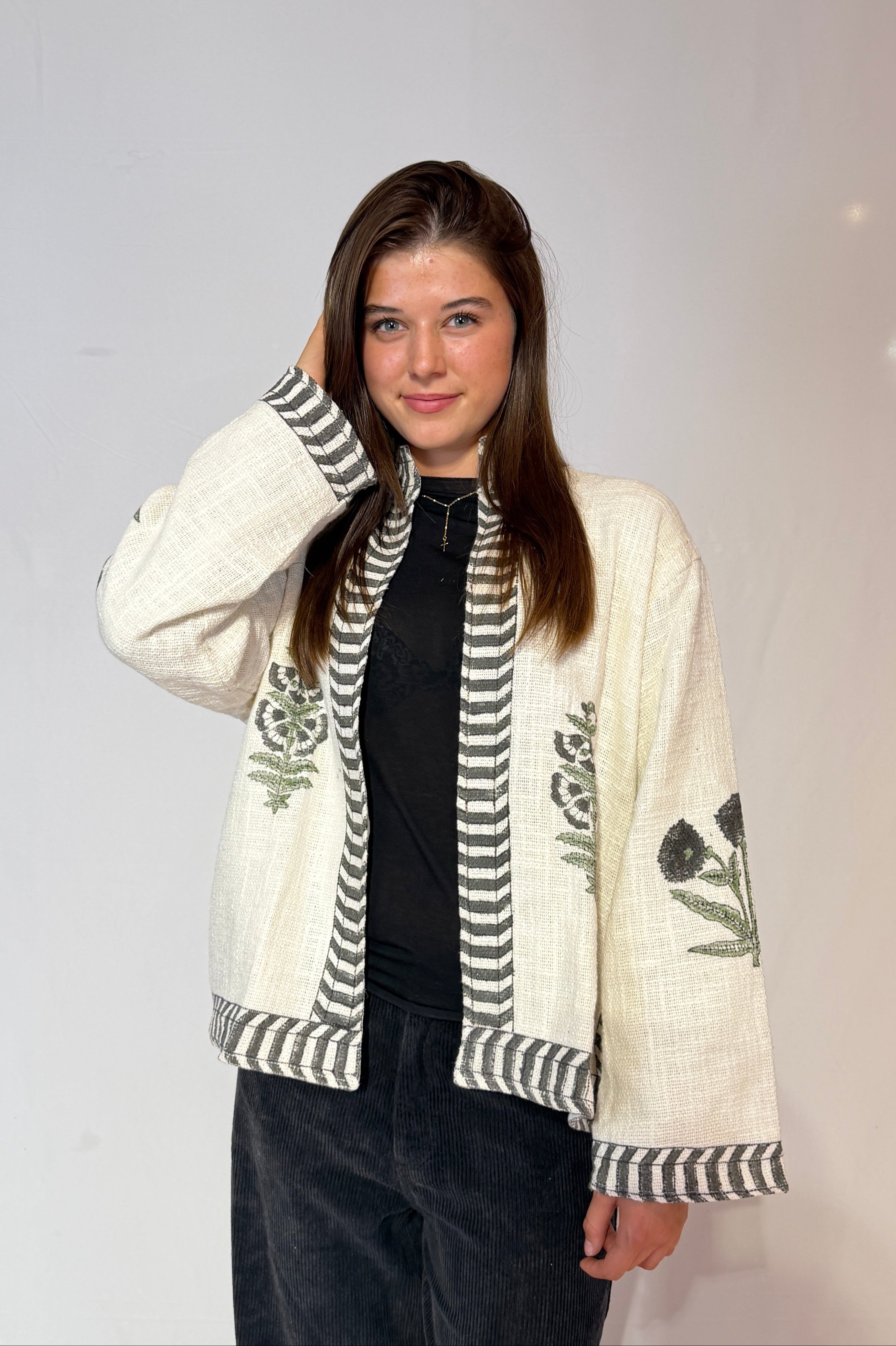Hand-Embroidered Suzani Cotton Jacket – Ivory Botanical & Charcoal Stripe