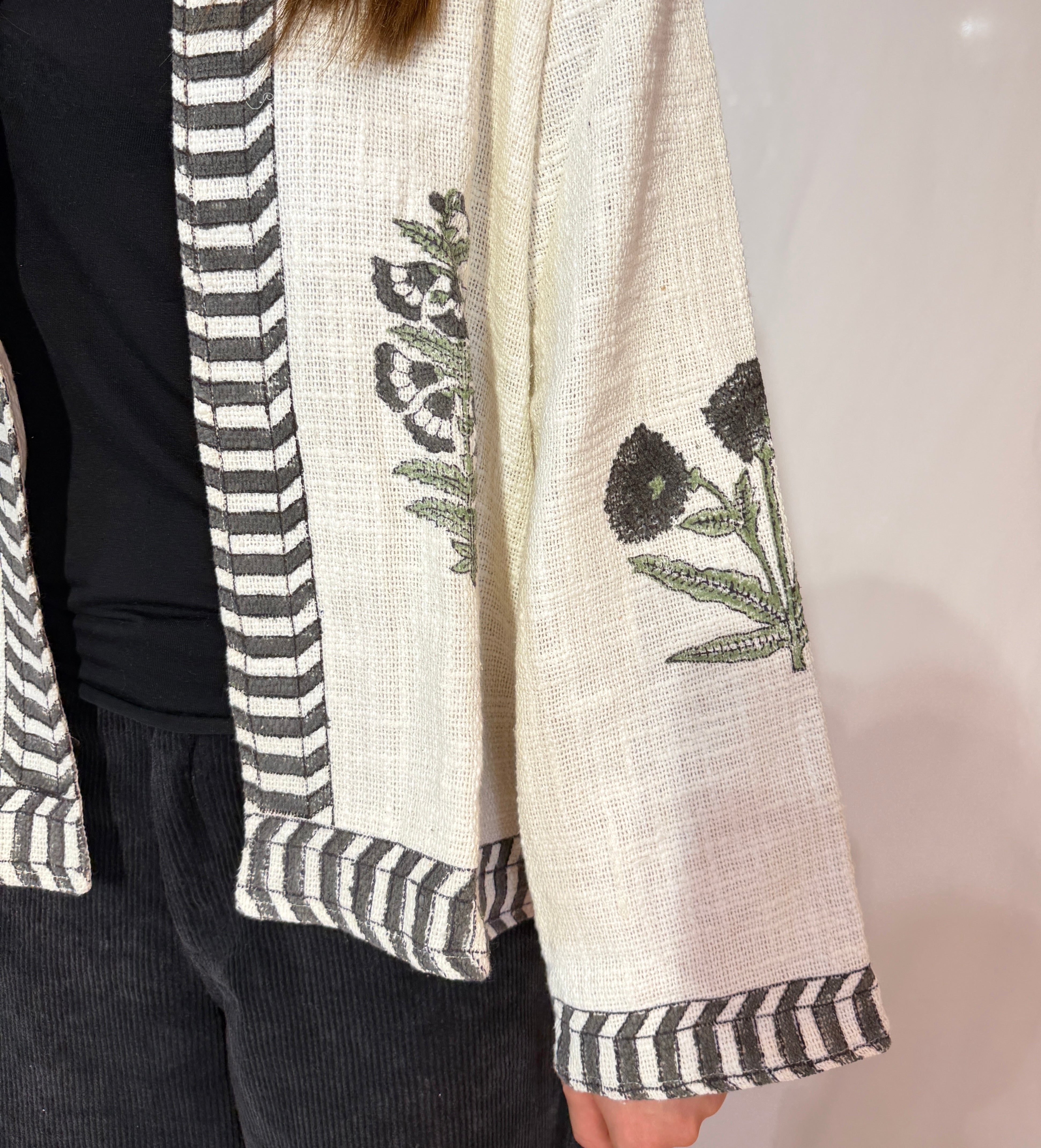 Hand-Embroidered Suzani Cotton Jacket – Ivory Botanical & Charcoal Stripe
