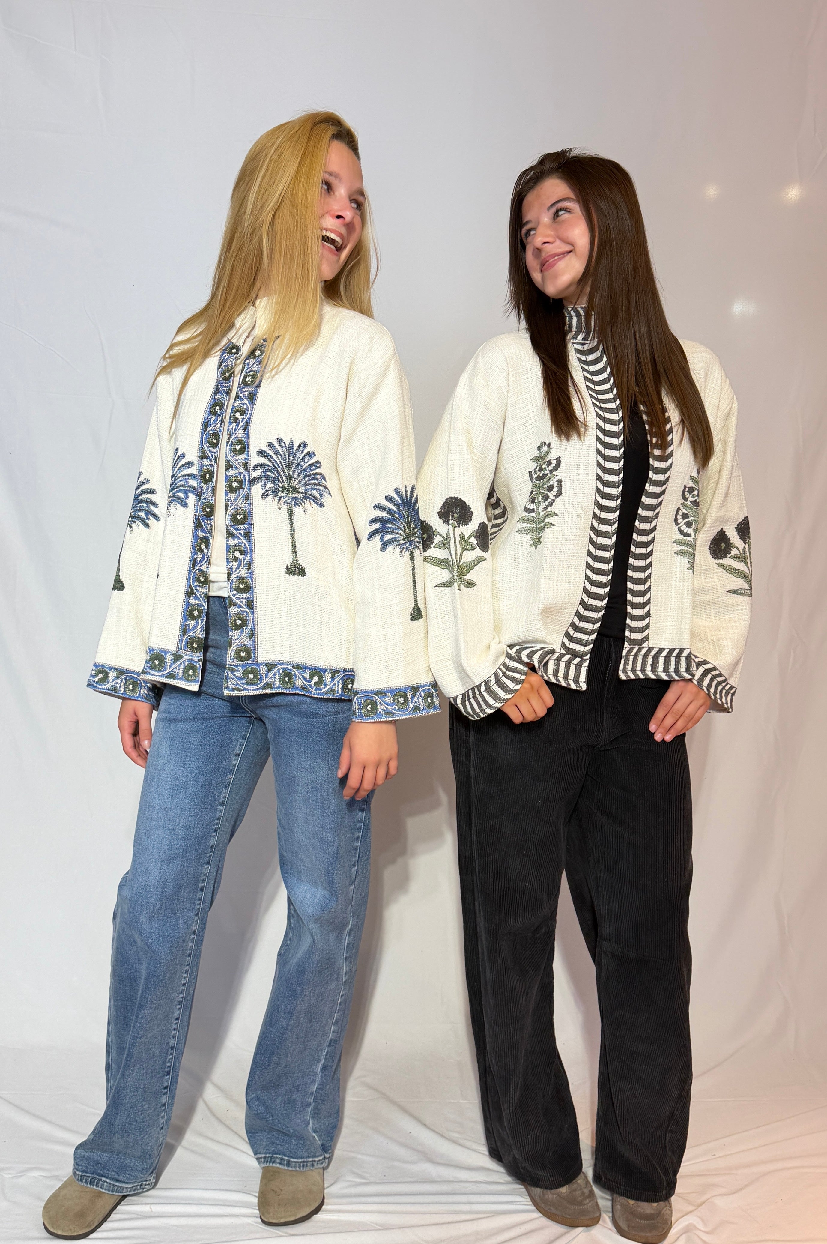 Hand-Embroidered Suzani Cotton Jacket – Ivory Palm & Blue Vine