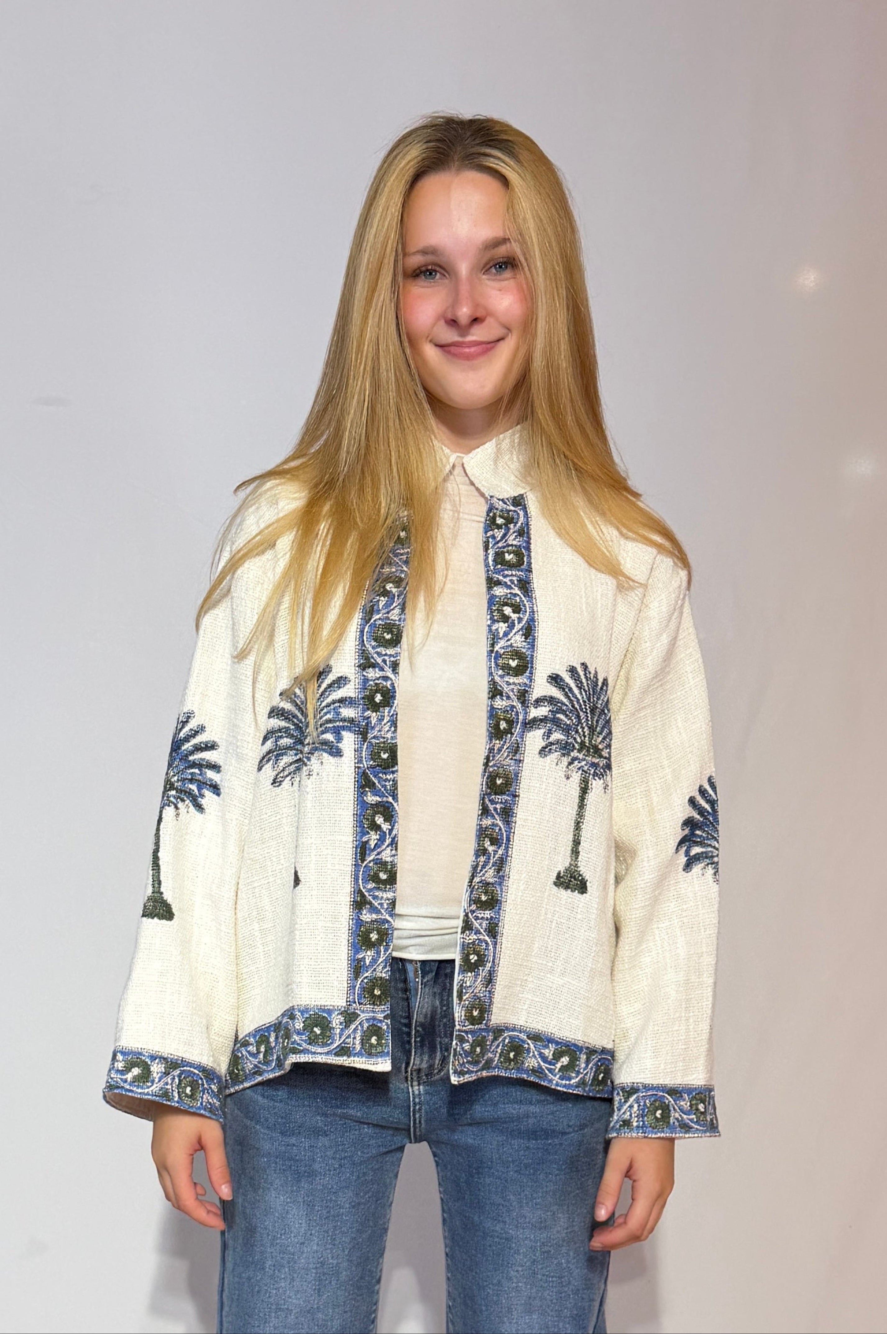 Hand-Embroidered Suzani Cotton Jacket – Ivory Palm & Blue Vine