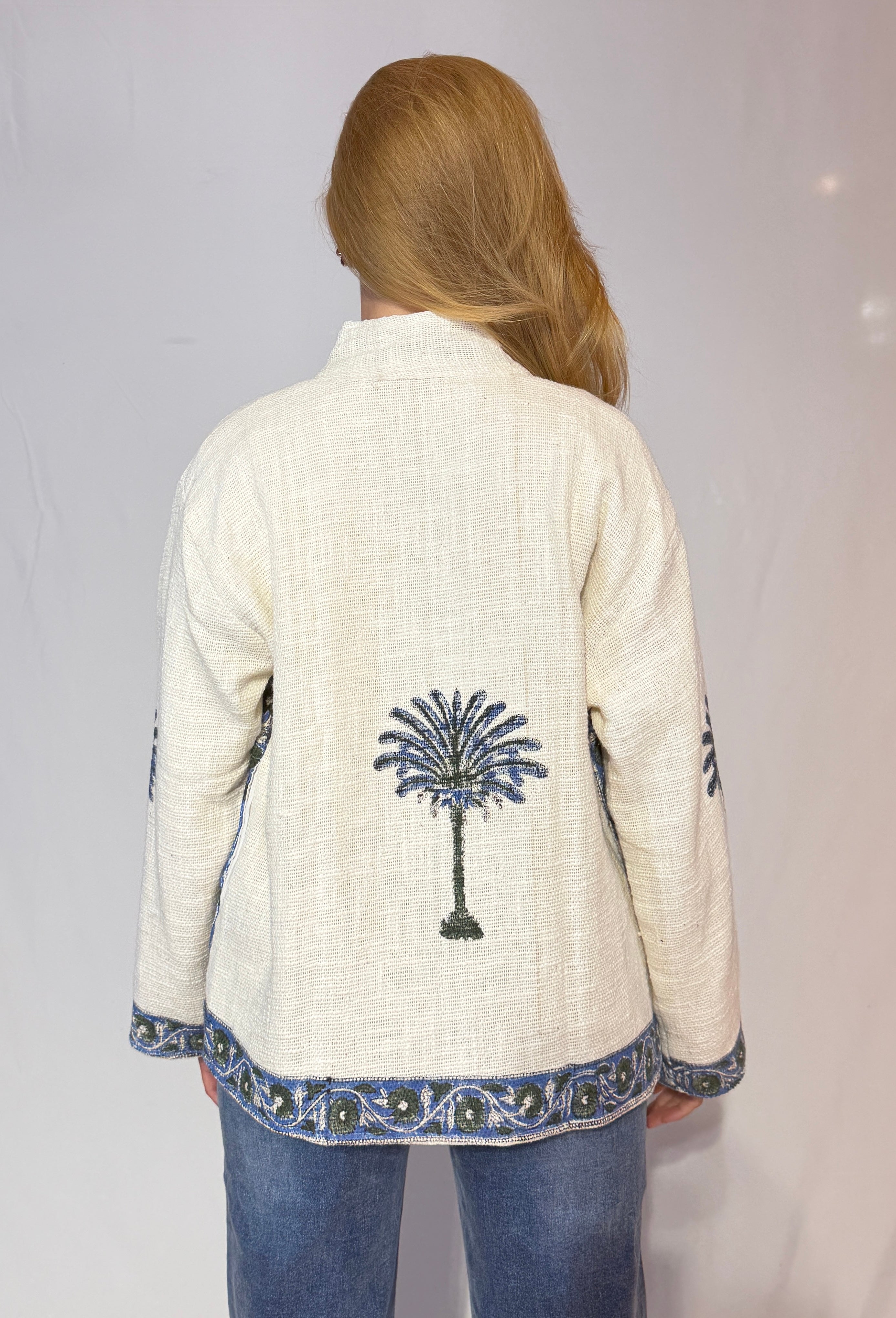 Hand-Embroidered Suzani Cotton Jacket – Ivory Palm & Blue Vine