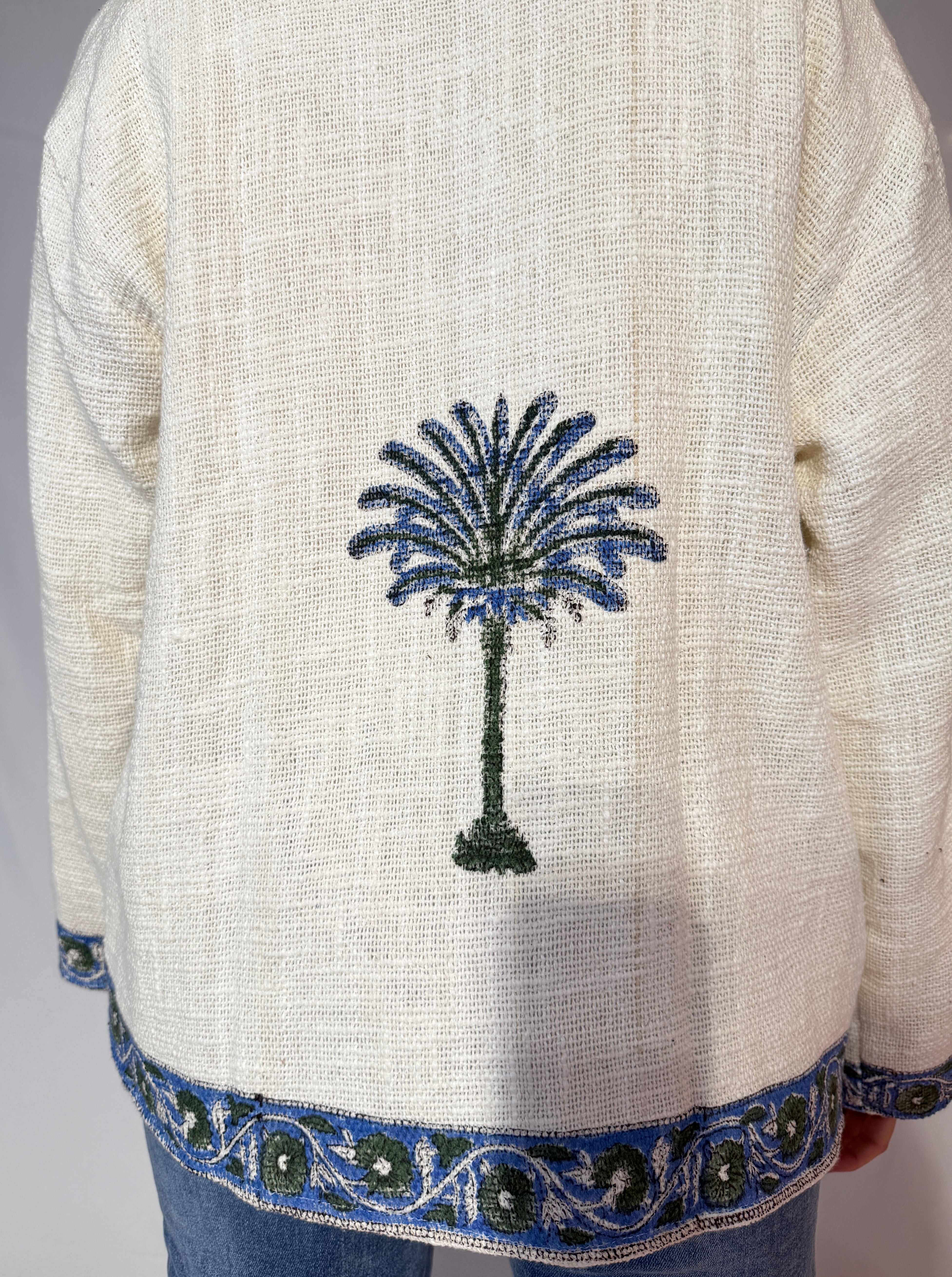 Hand-Embroidered Suzani Cotton Jacket – Ivory Palm & Blue Vine