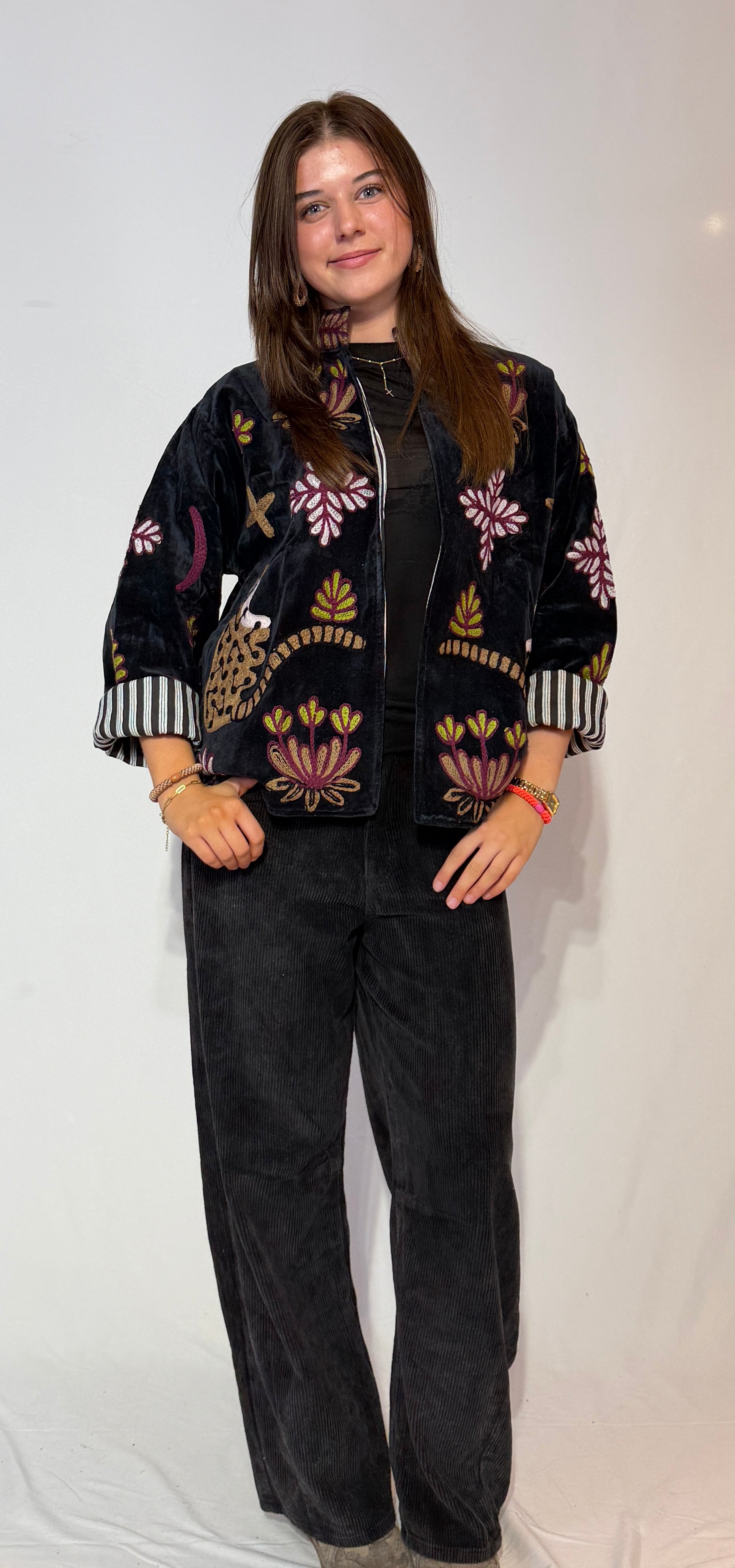Hand-Embroidered Suzani Jacket – Midnight Lotus & Striped Cuffs
