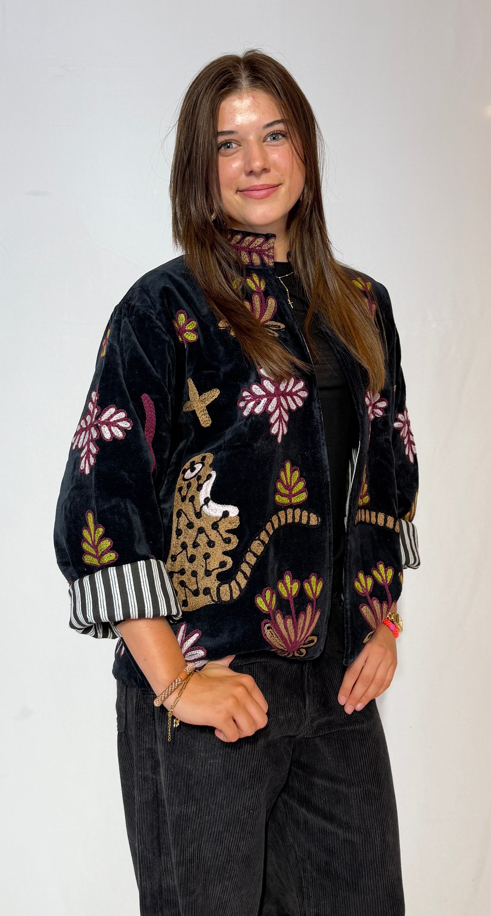 Hand-Embroidered Suzani Jacket – Midnight Lotus & Striped Cuffs