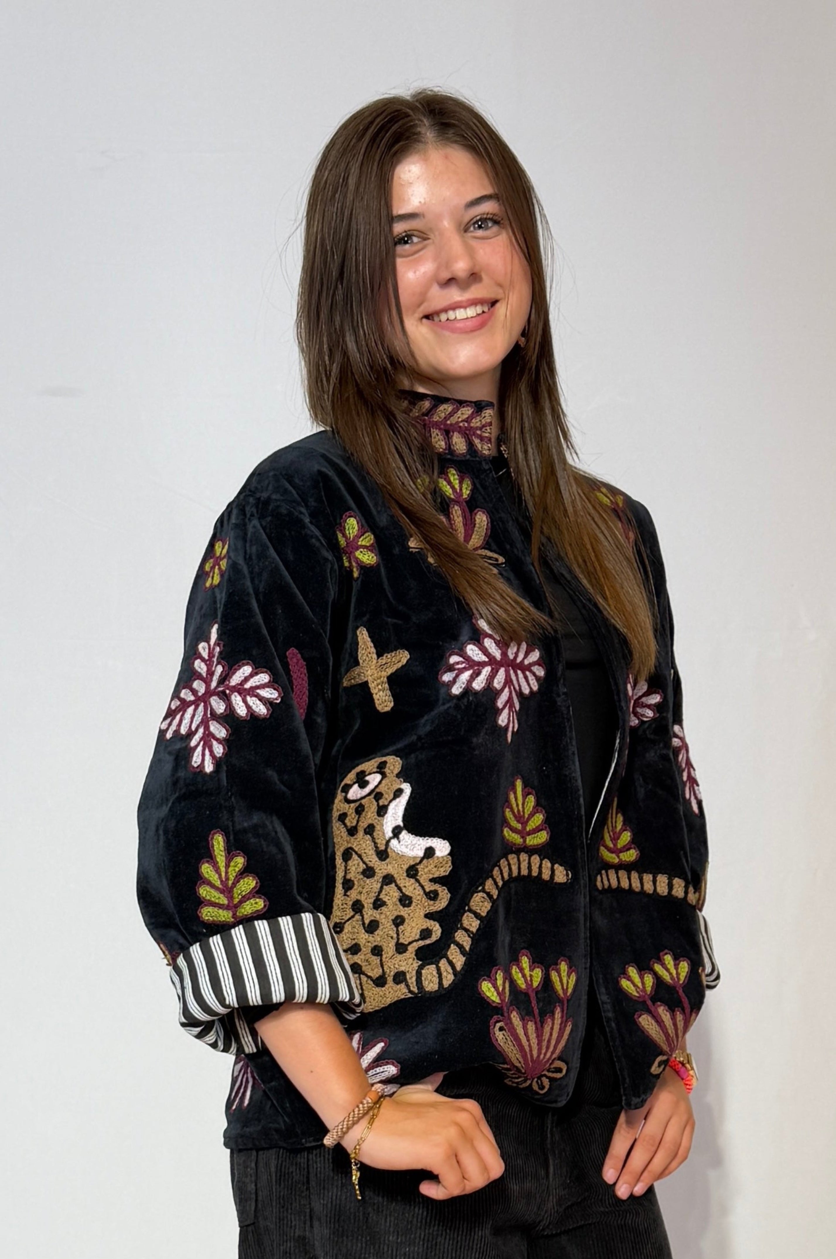 Hand-Embroidered Suzani Jacket – Midnight Lotus & Striped Cuffs