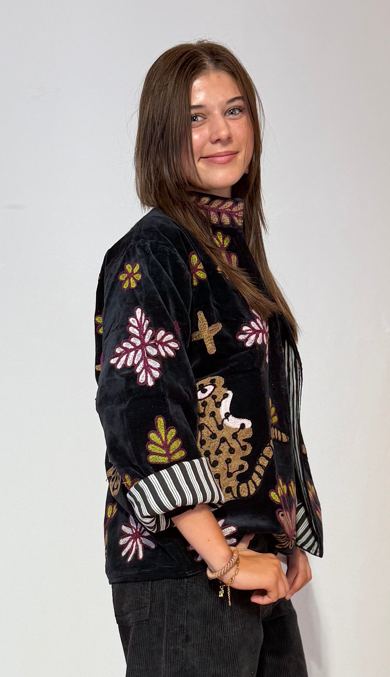 Hand-Embroidered Suzani Jacket – Midnight Lotus & Striped Cuffs