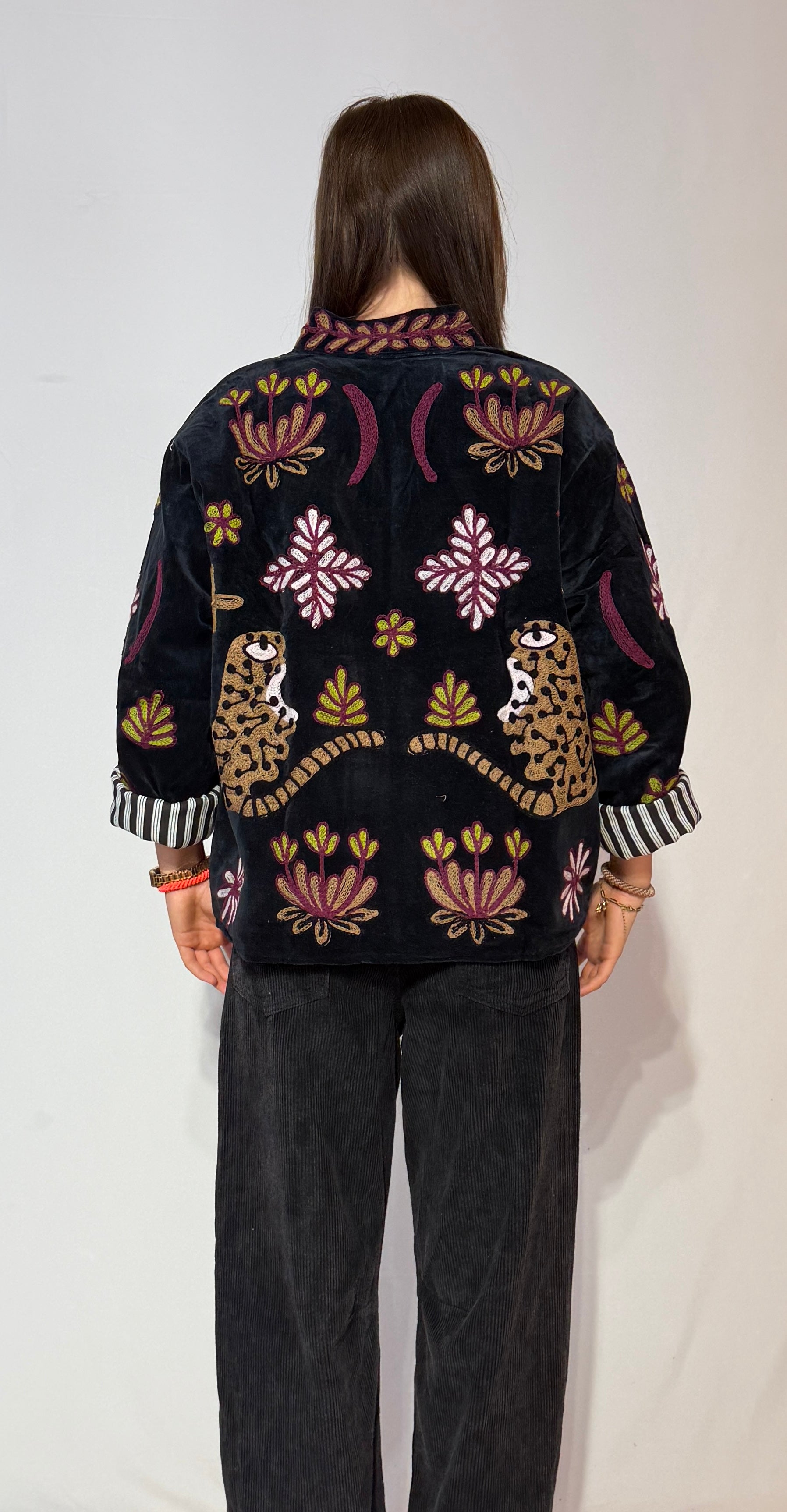 Hand-Embroidered Suzani Jacket – Midnight Lotus & Striped Cuffs