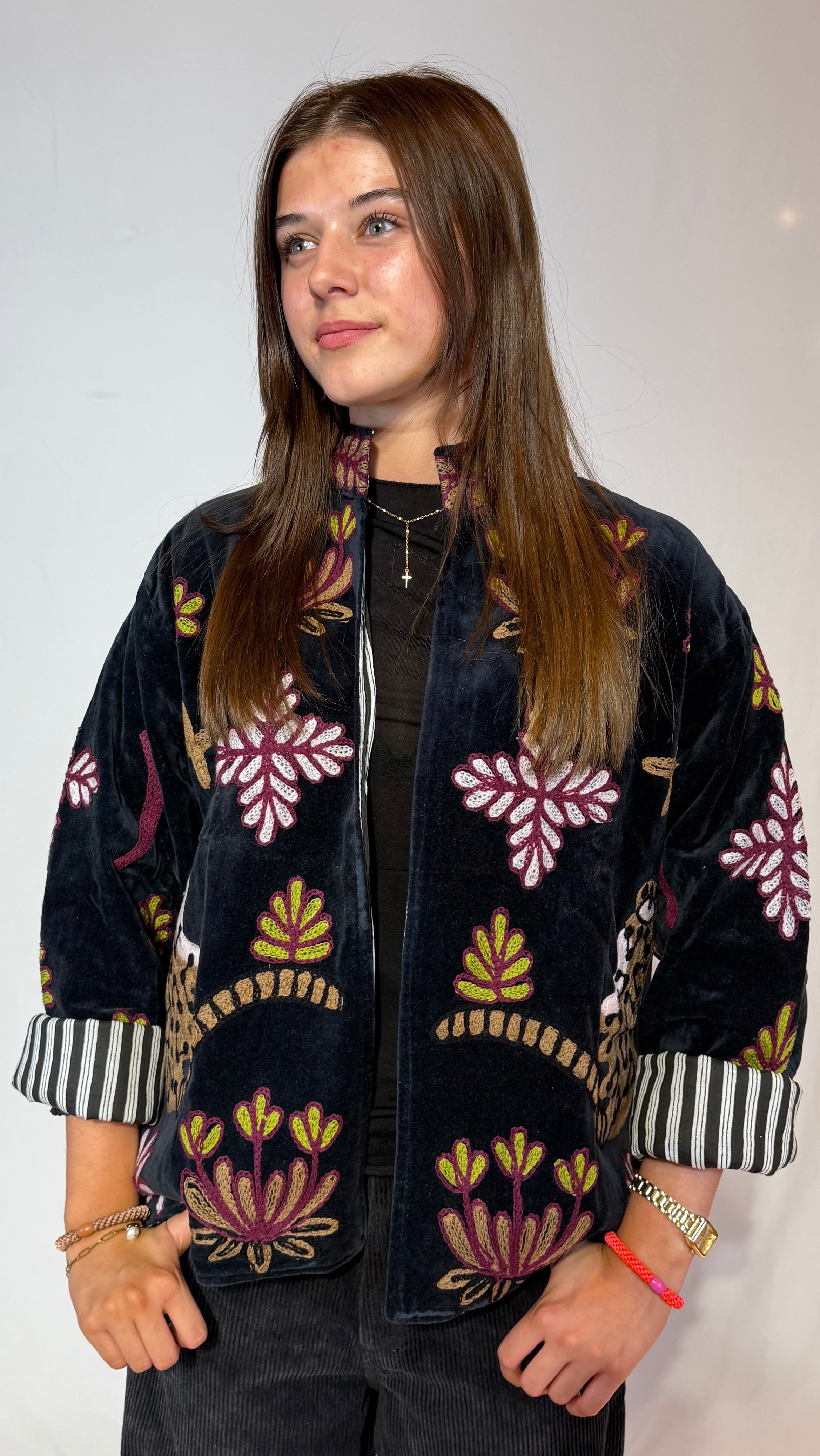Hand-Embroidered Suzani Jacket – Midnight Lotus & Striped Cuffs