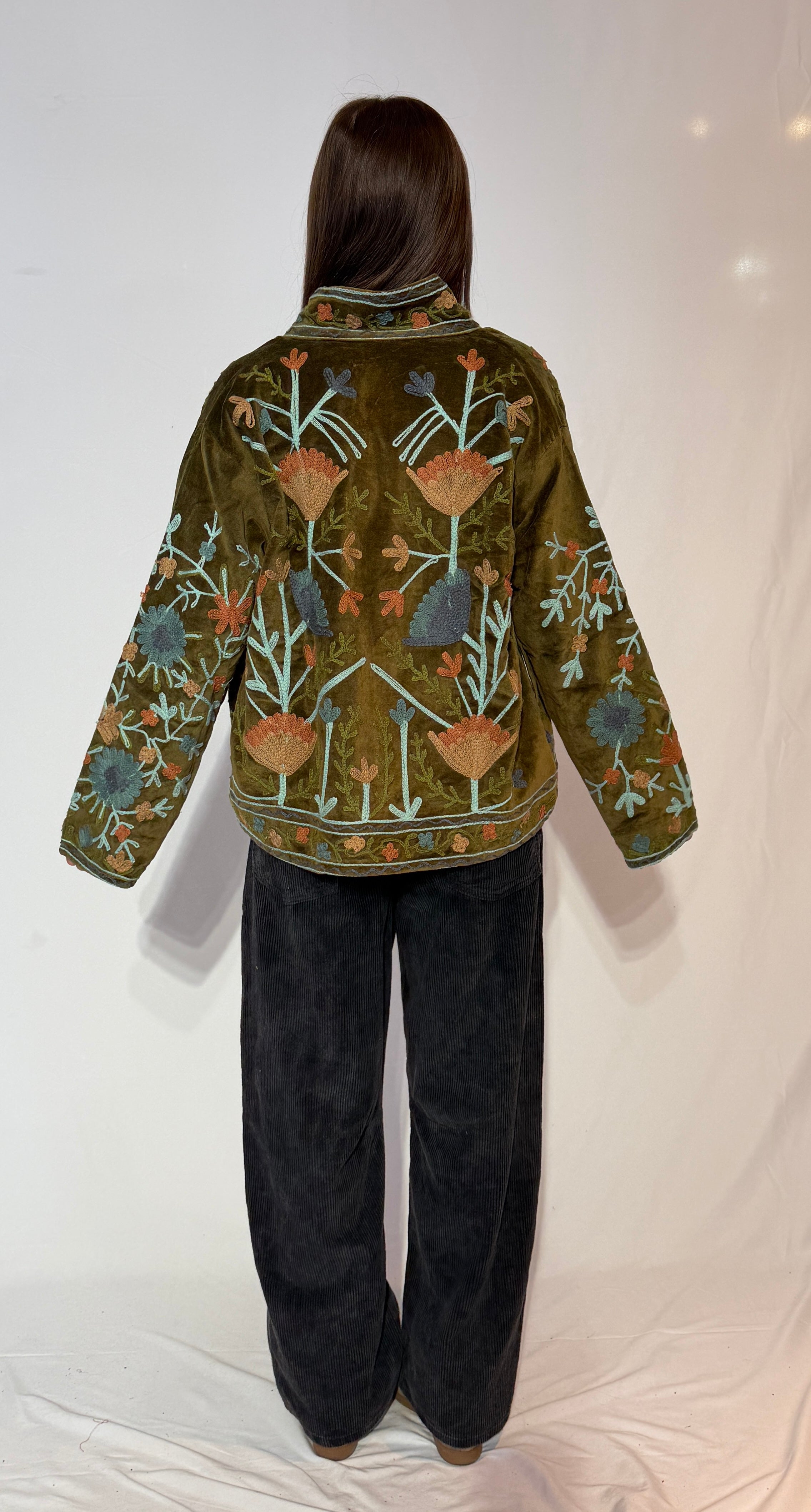 Hand-Embroidered Suzani Jacket – Olive Woodland & Slate Bloom