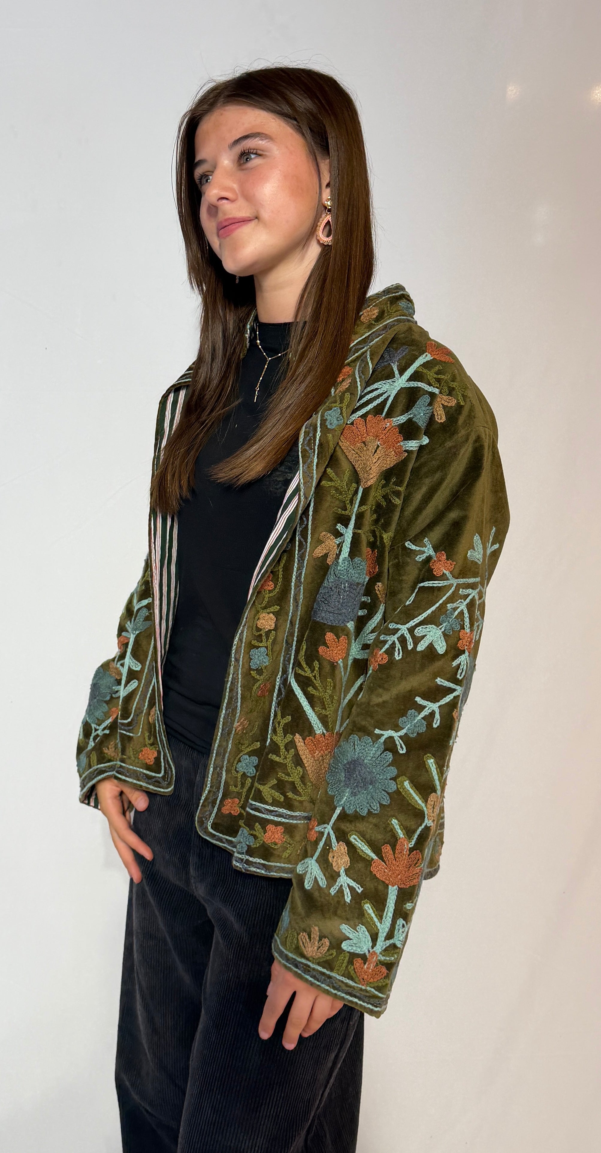 Hand-Embroidered Suzani Jacket – Olive Woodland & Slate Bloom
