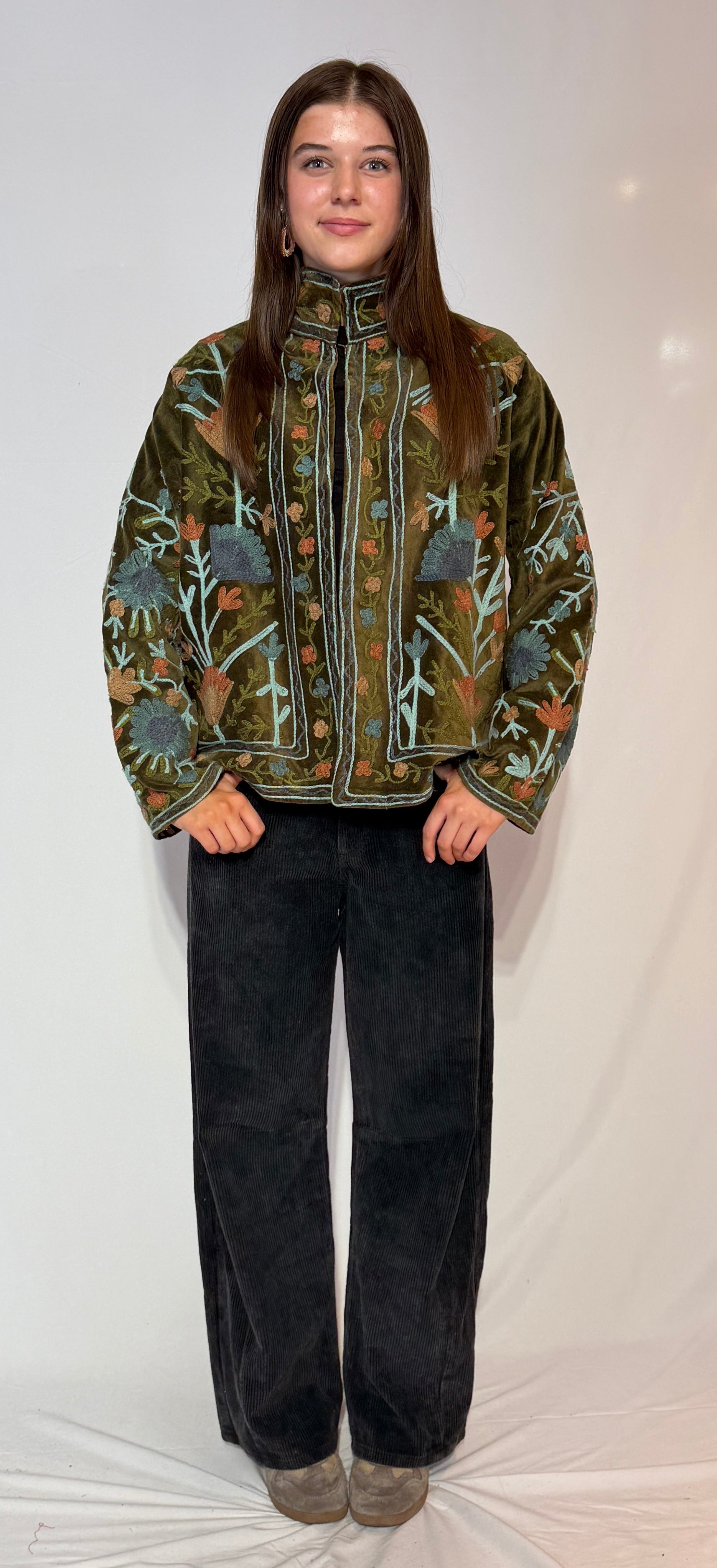 Hand-Embroidered Suzani Jacket – Olive Woodland & Slate Bloom