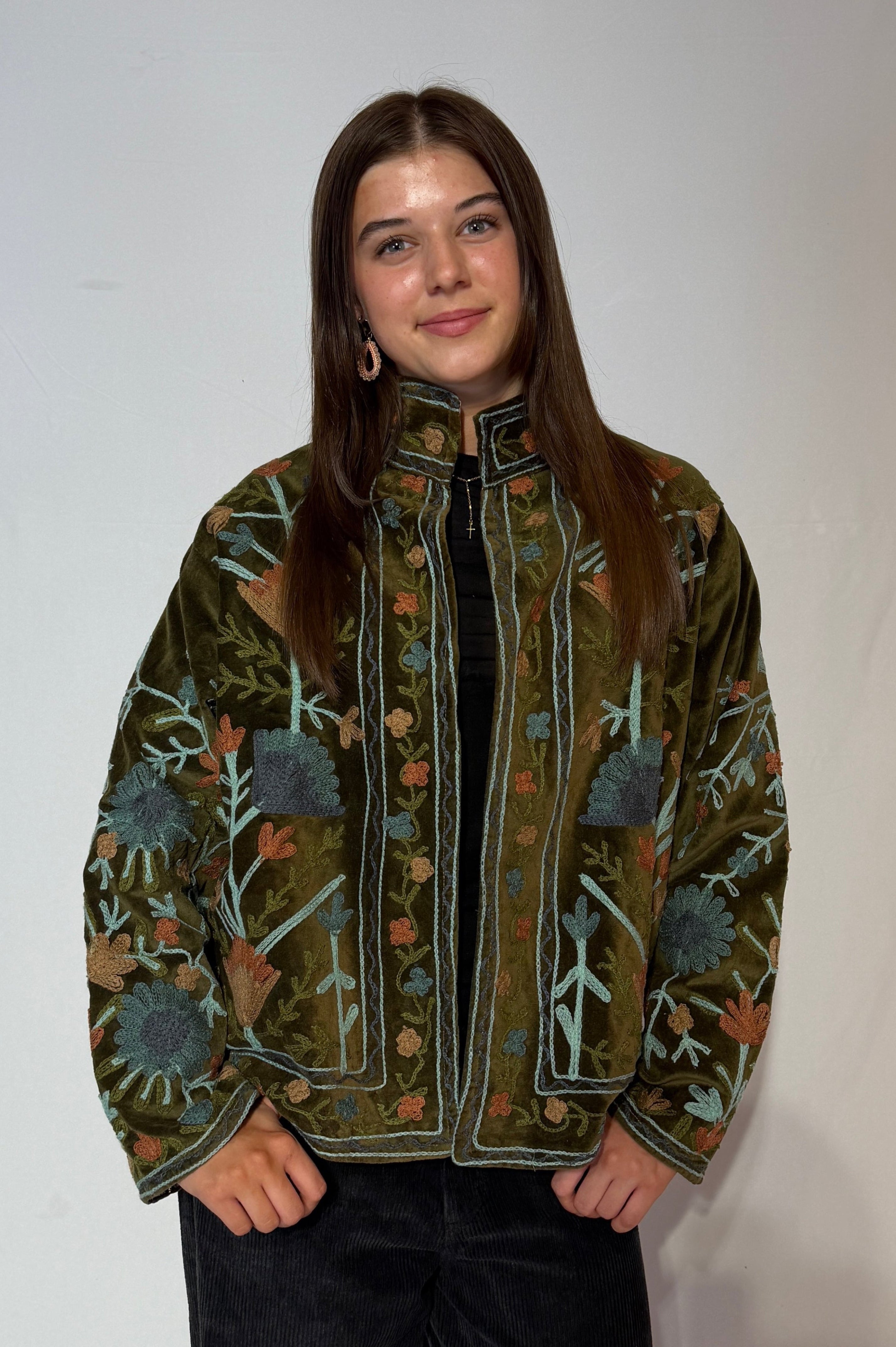 Hand-Embroidered Suzani Jacket – Olive Woodland & Slate Bloom