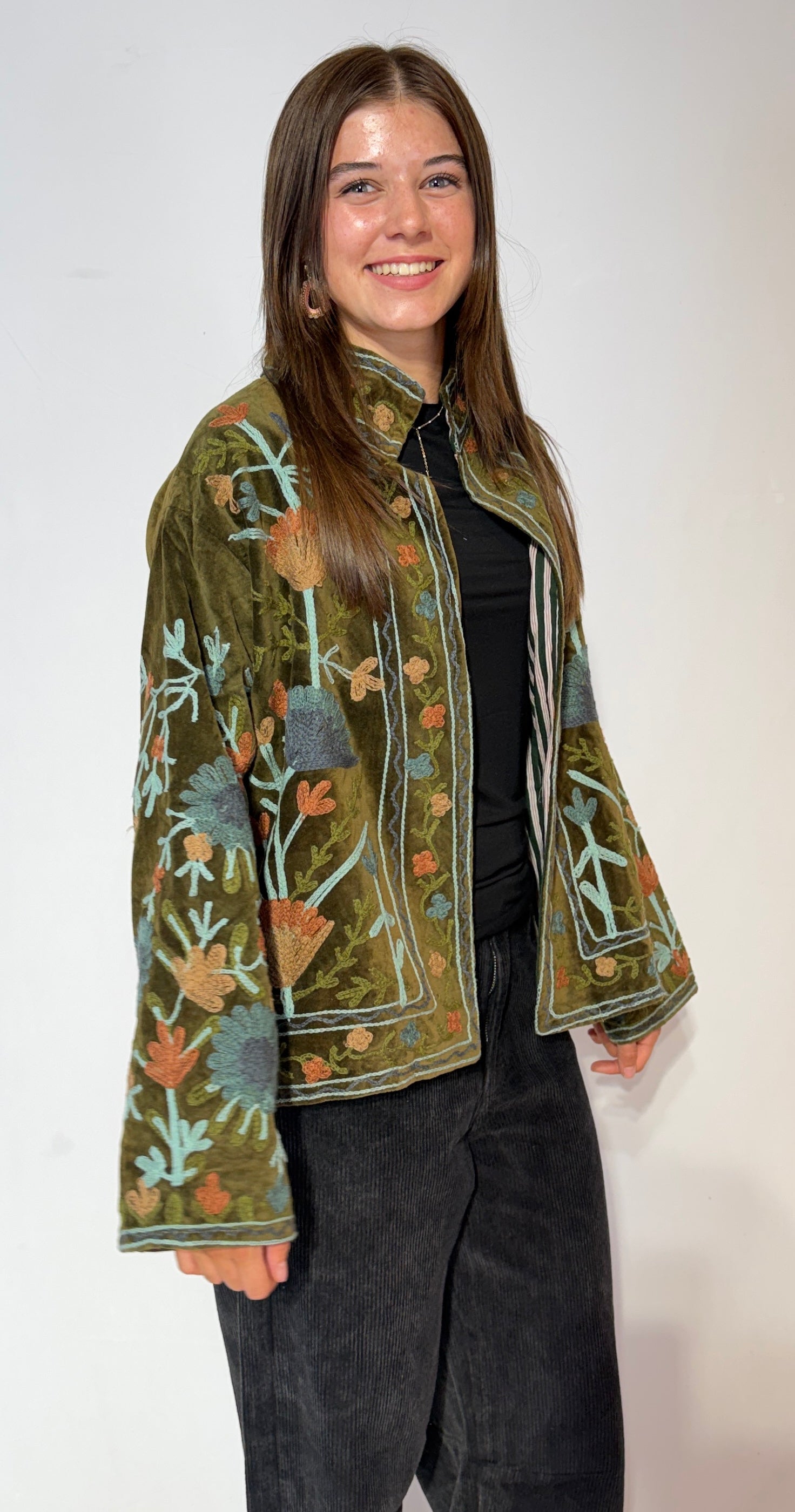 Hand-Embroidered Suzani Jacket – Olive Woodland & Slate Bloom