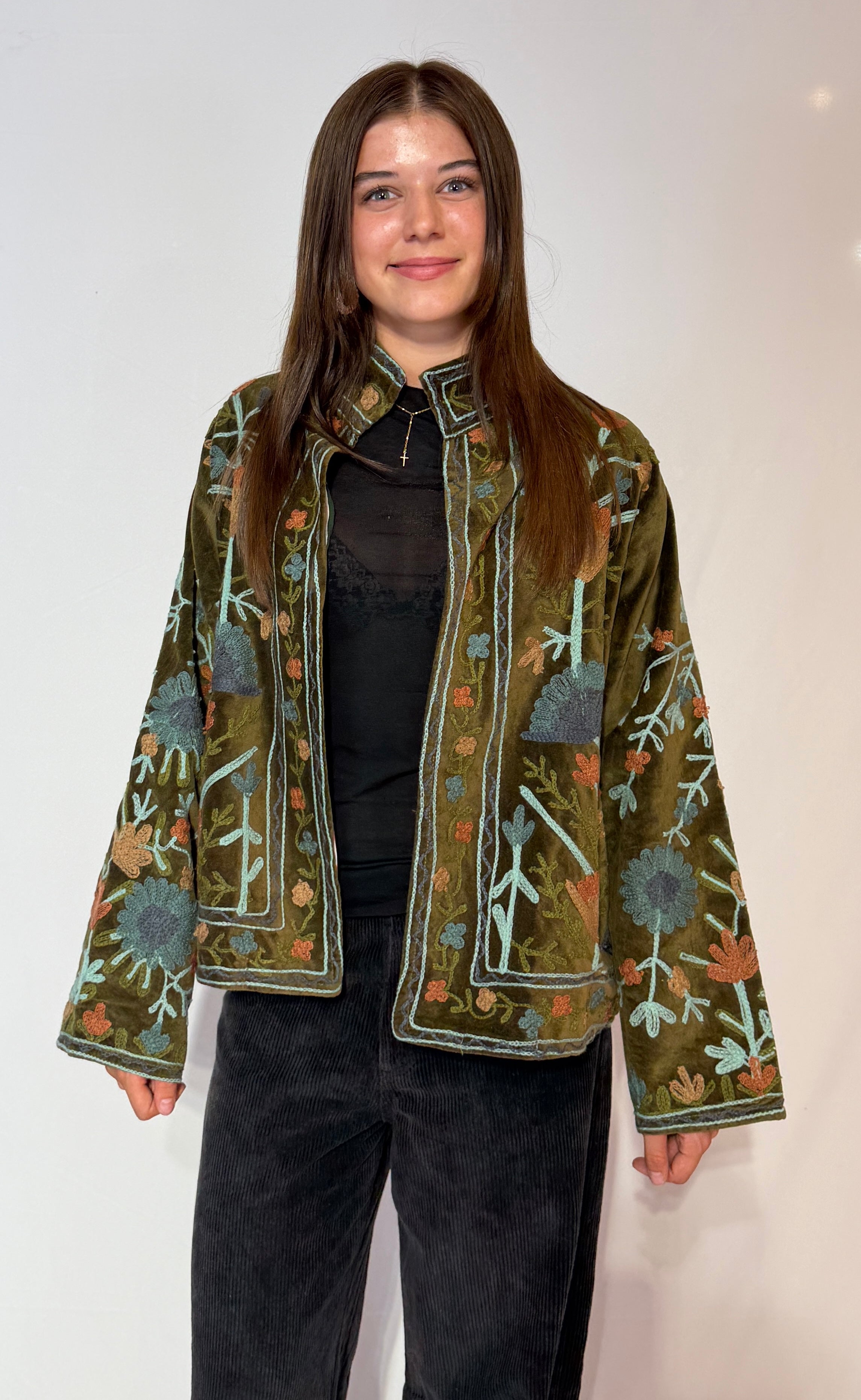 Hand-Embroidered Suzani Jacket – Olive Woodland & Slate Bloom