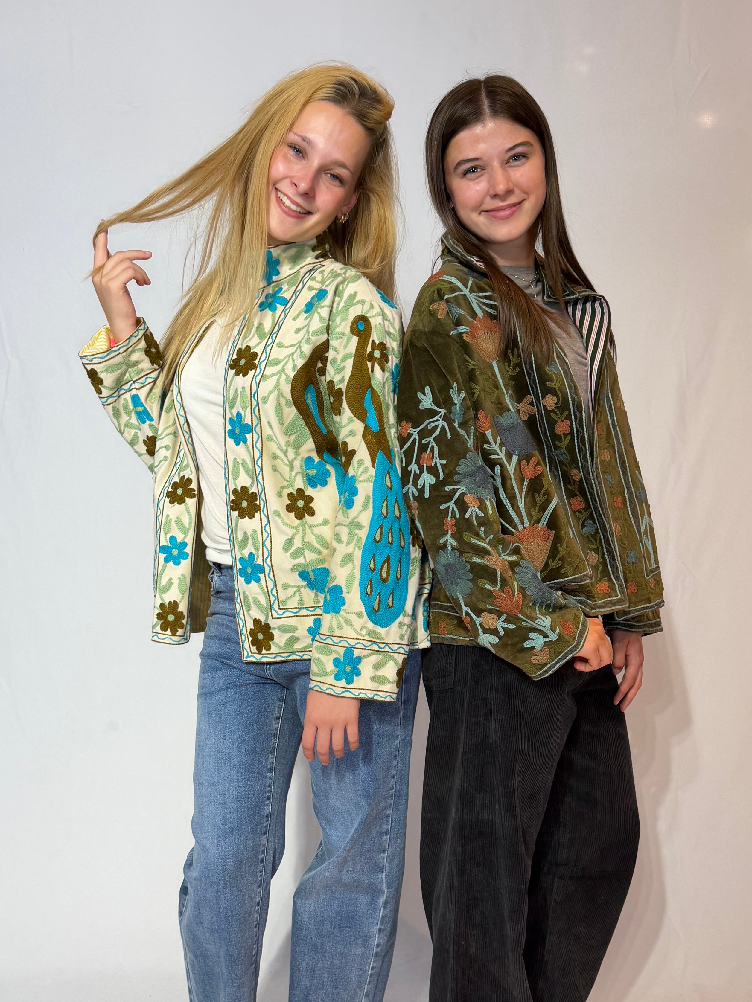 Hand-Embroidered Suzani Jacket – Ivory Peacock & Turquoise Bloom