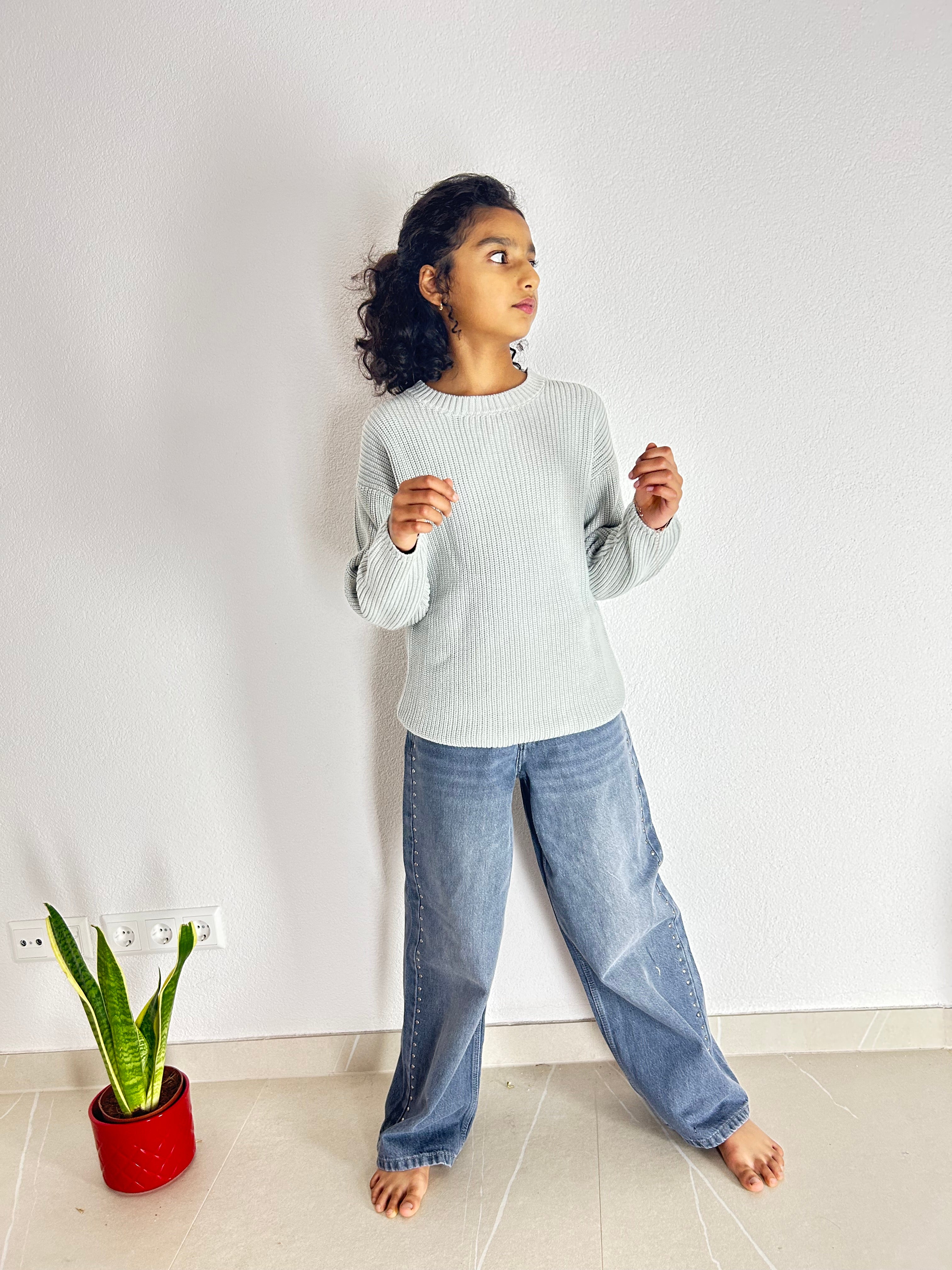 Teal Mist Bio-Baumwolle Strickpullover - Kinder Relaxed Fit
