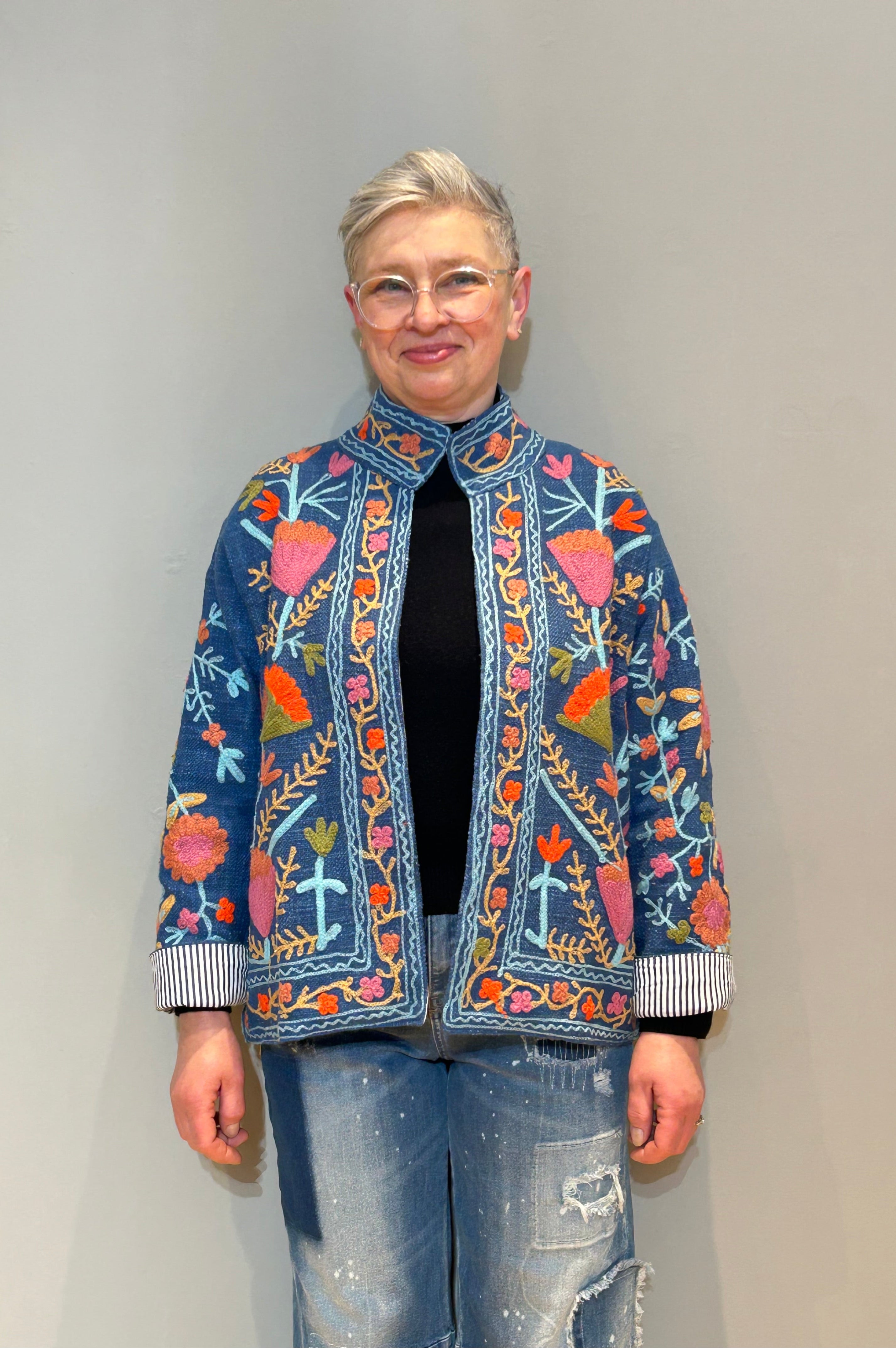 Cotton Suzani Hand-Embroidered Jacket - Aegean