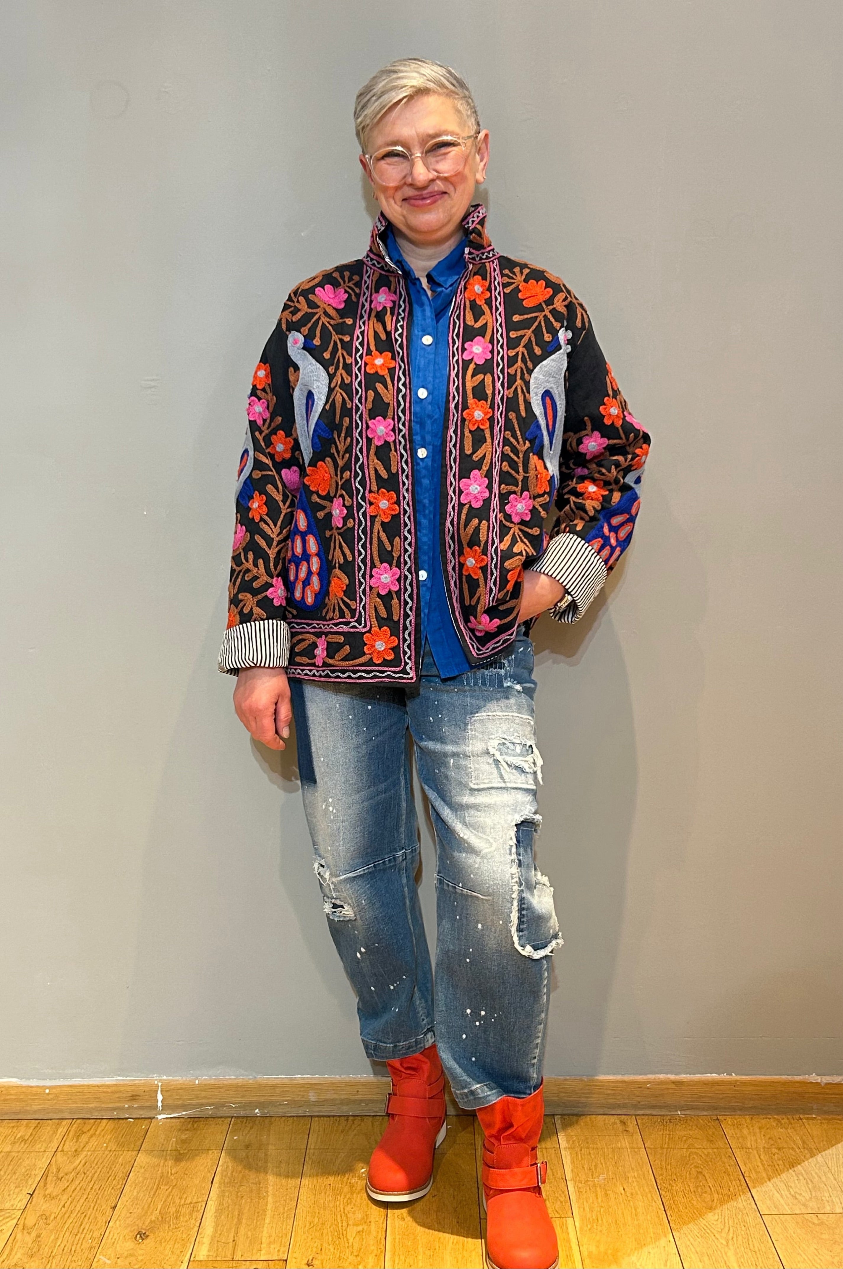Cotton Suzani Hand-Embroidered Jacket - Pfau Noir