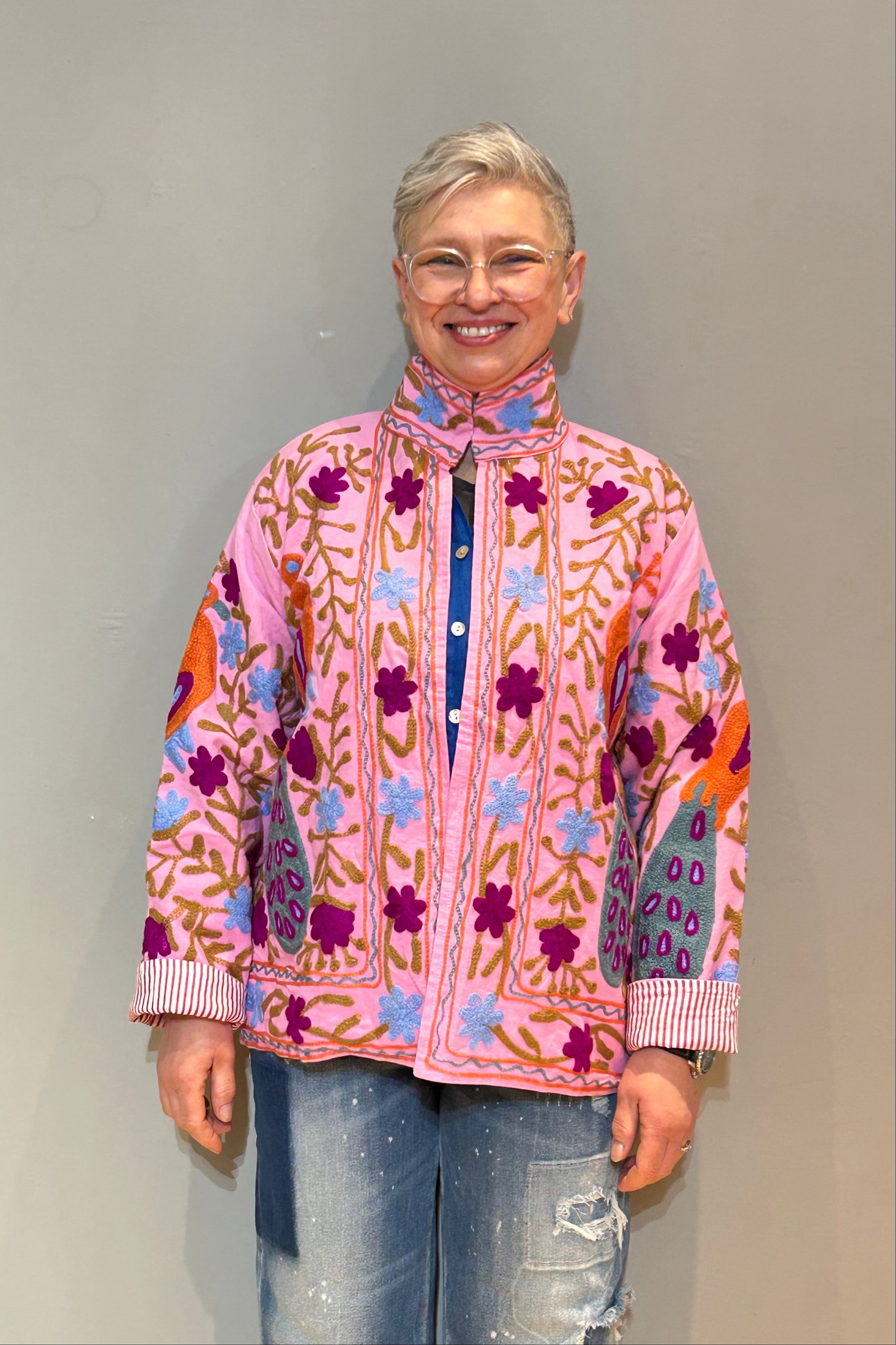 Cotton Suzani Hand-Embroidered Jacket - Pink Pfau
