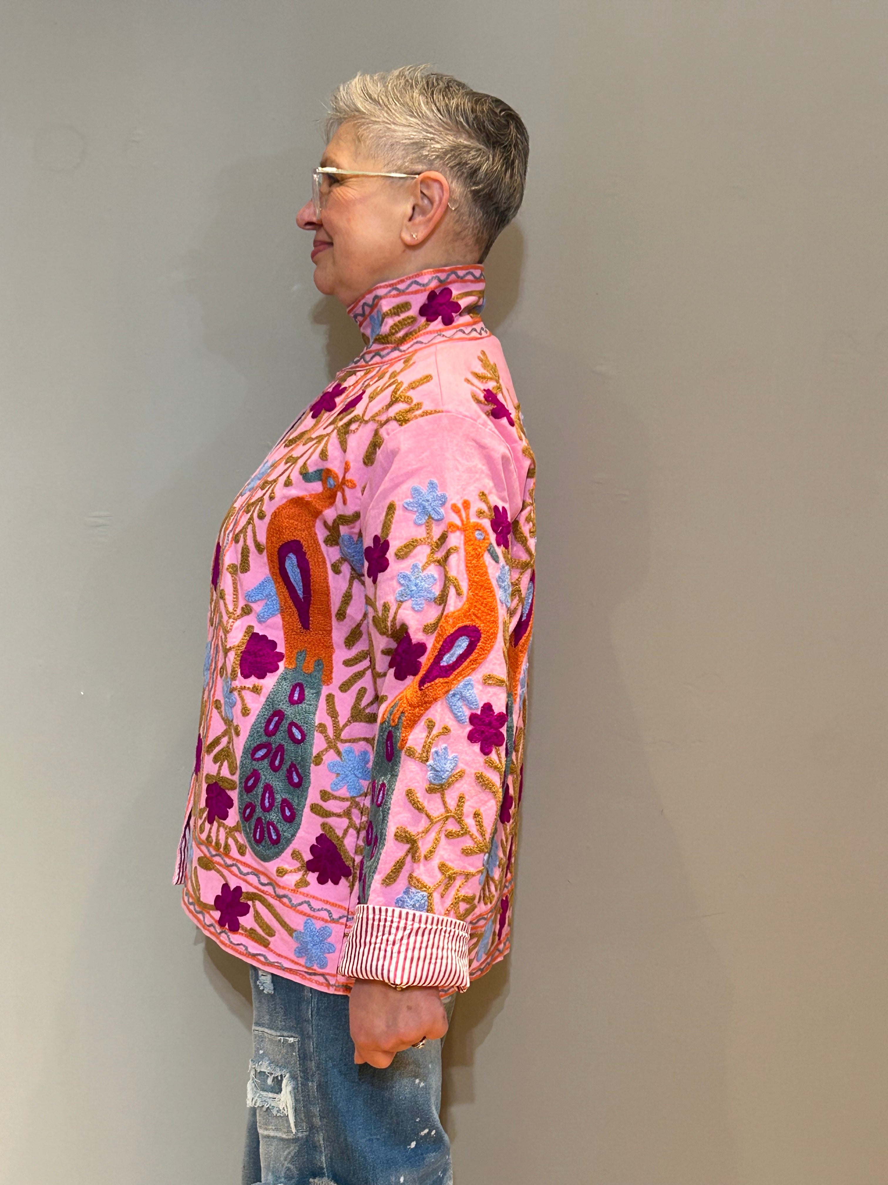 Cotton Suzani Hand-Embroidered Jacket - Pink Pfau