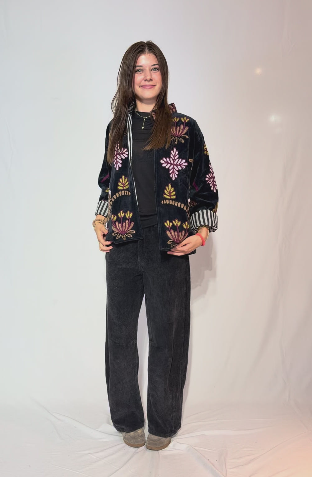 Hand-Embroidered Suzani Jacket – Midnight Lotus & Striped Cuffs
